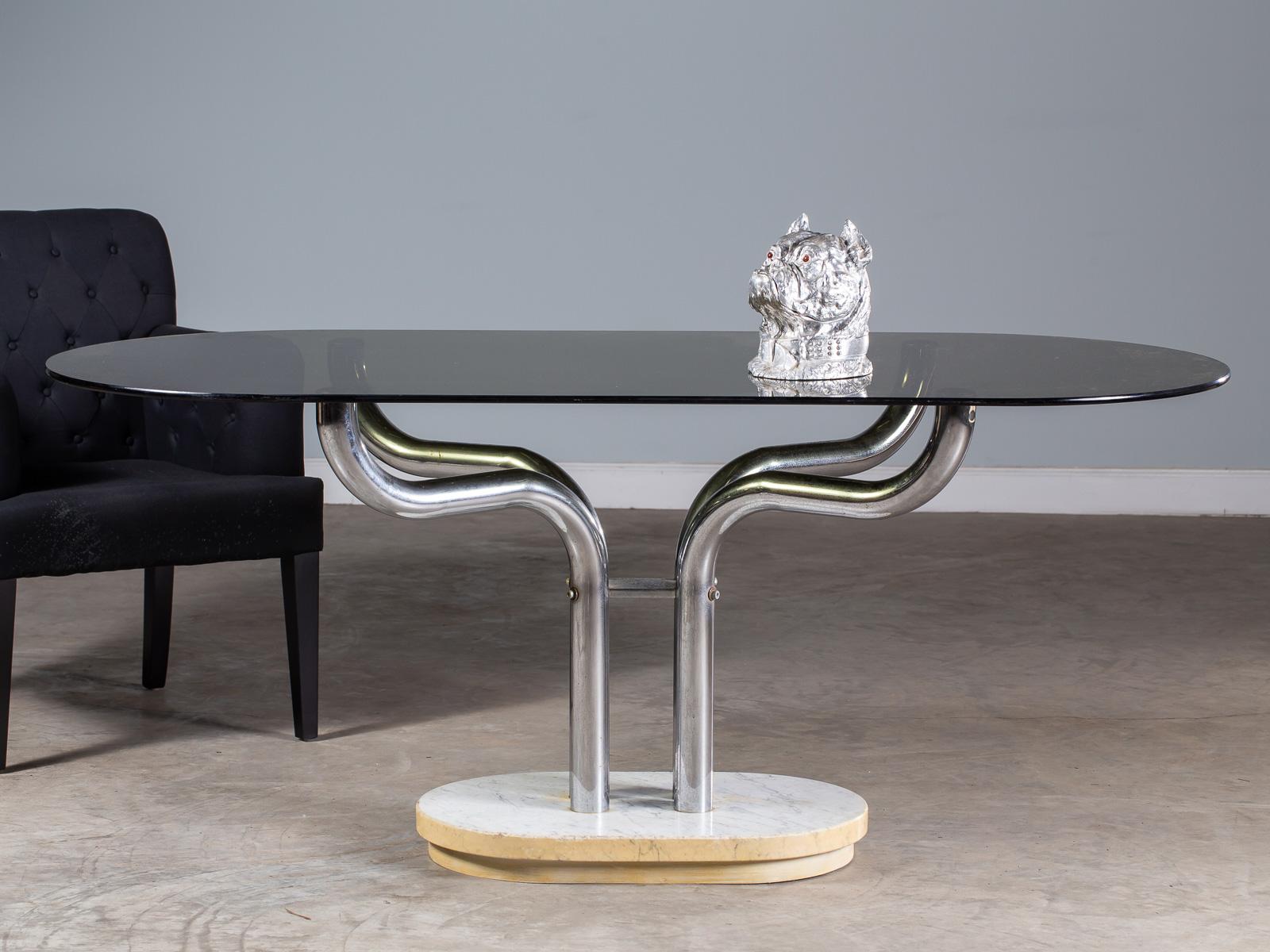 Vintage Italian Marble Chrome Base Glass Top Dining Writing Table, circa 1970 For Sale 2