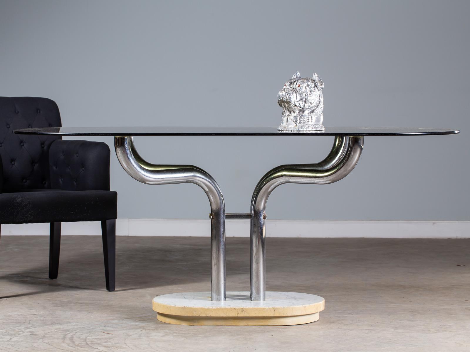 Vintage Italian Marble Chrome Base Glass Top Dining Writing Table, circa 1970 For Sale 3