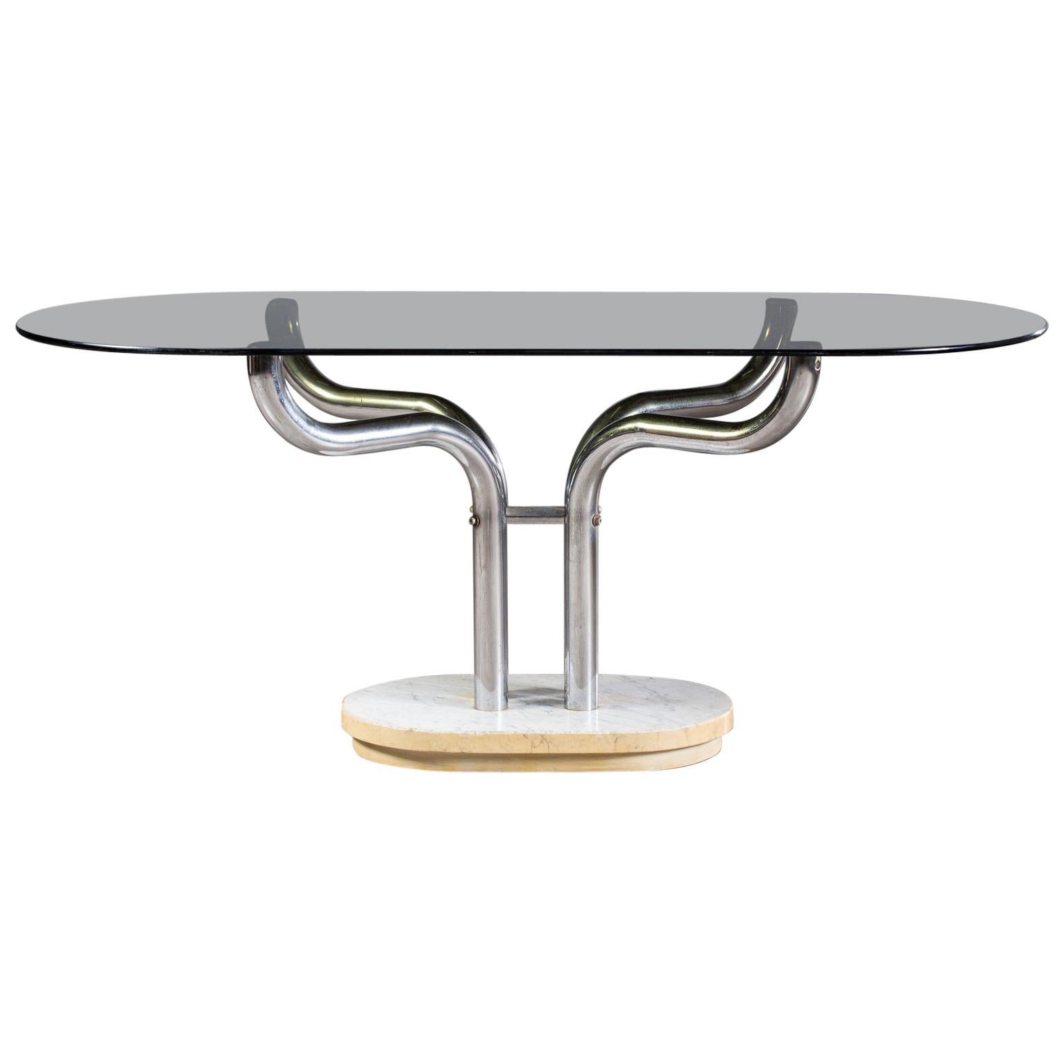 Vintage Italian Marble Chrome Base Glass Top Dining Writing Table, circa 1970 For Sale