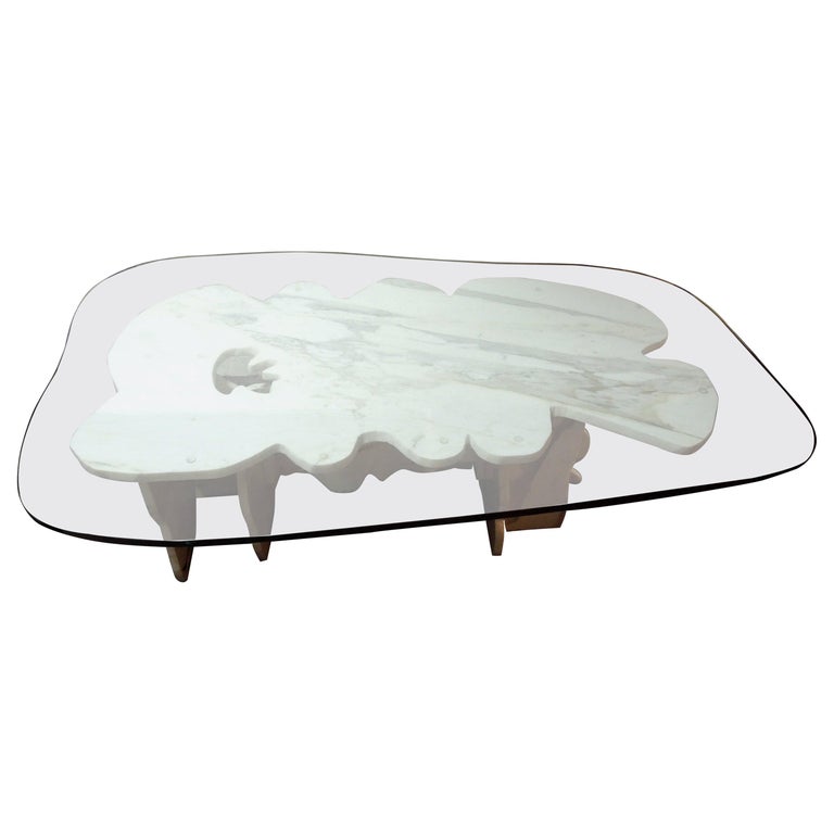Abbott Pattison Designed & Sculpted Italian Modern Marble & Glass Coffee Table For Sale