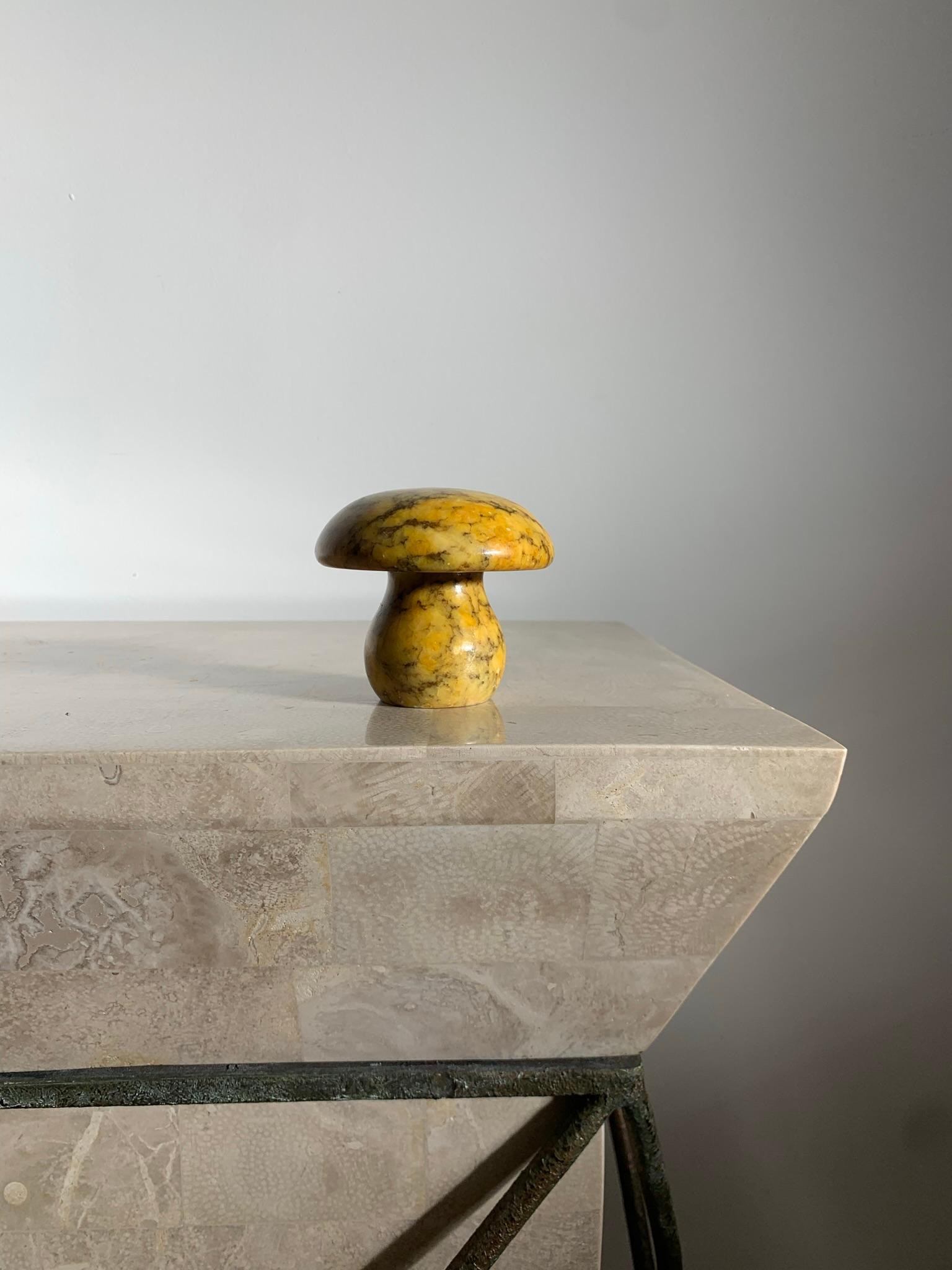 An alabaster marble mushroom objet d’art or paperweight, hand-carved in Italy circa 1960s. Hue is turmeric / mustard / saffron yellow with charcoal veining. Wear consistent with age and use but no glaring flaws. Excellent as a gift or for any lover