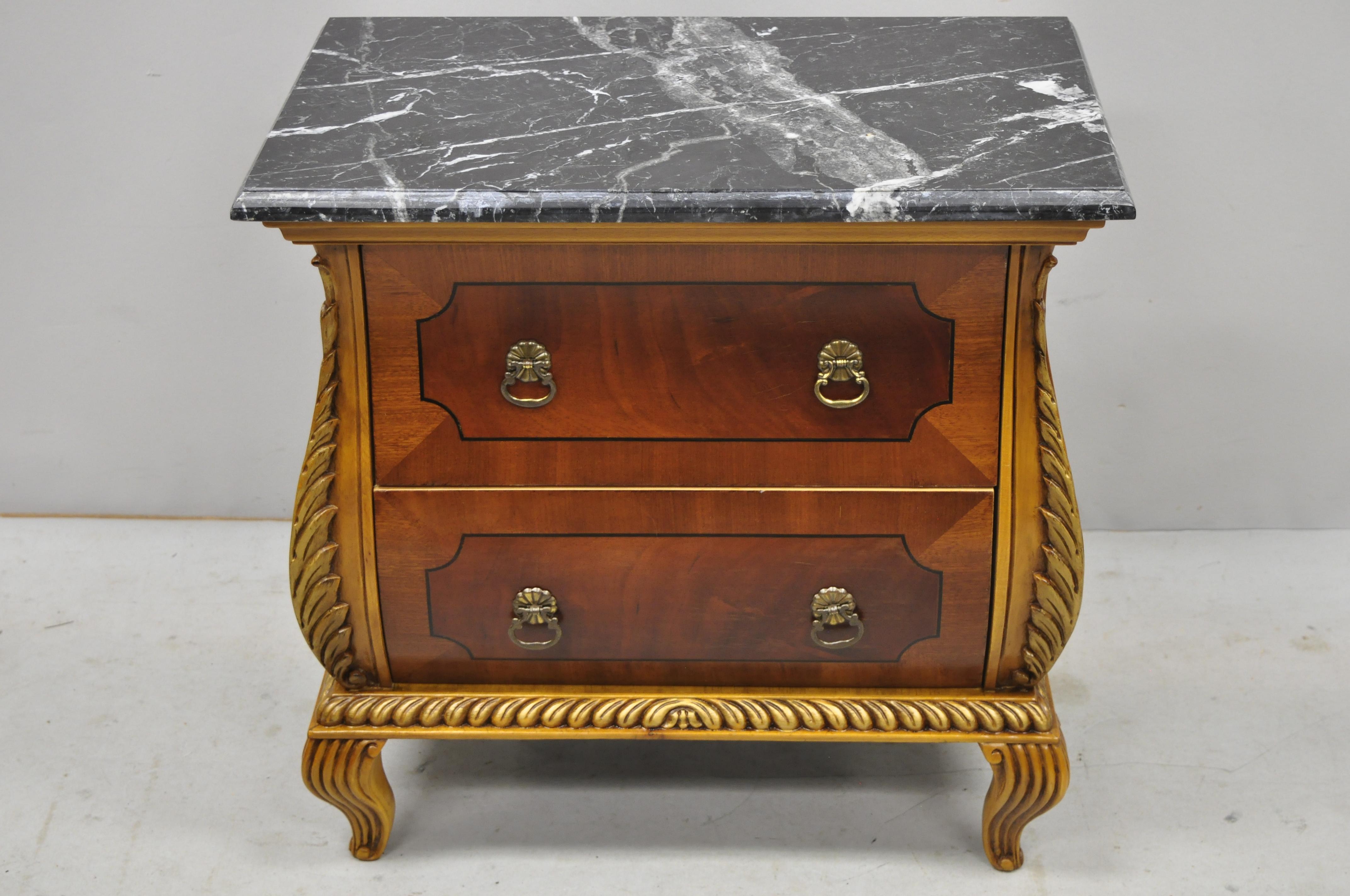 Vintage Italian marble top small French Louis XV style bombe commode chest. Item includes a marble top, small unique size, solid wood construction, beautiful wood grain, 2 dovetailed drawers, cabriole legs, quality craftsmanship, great style and