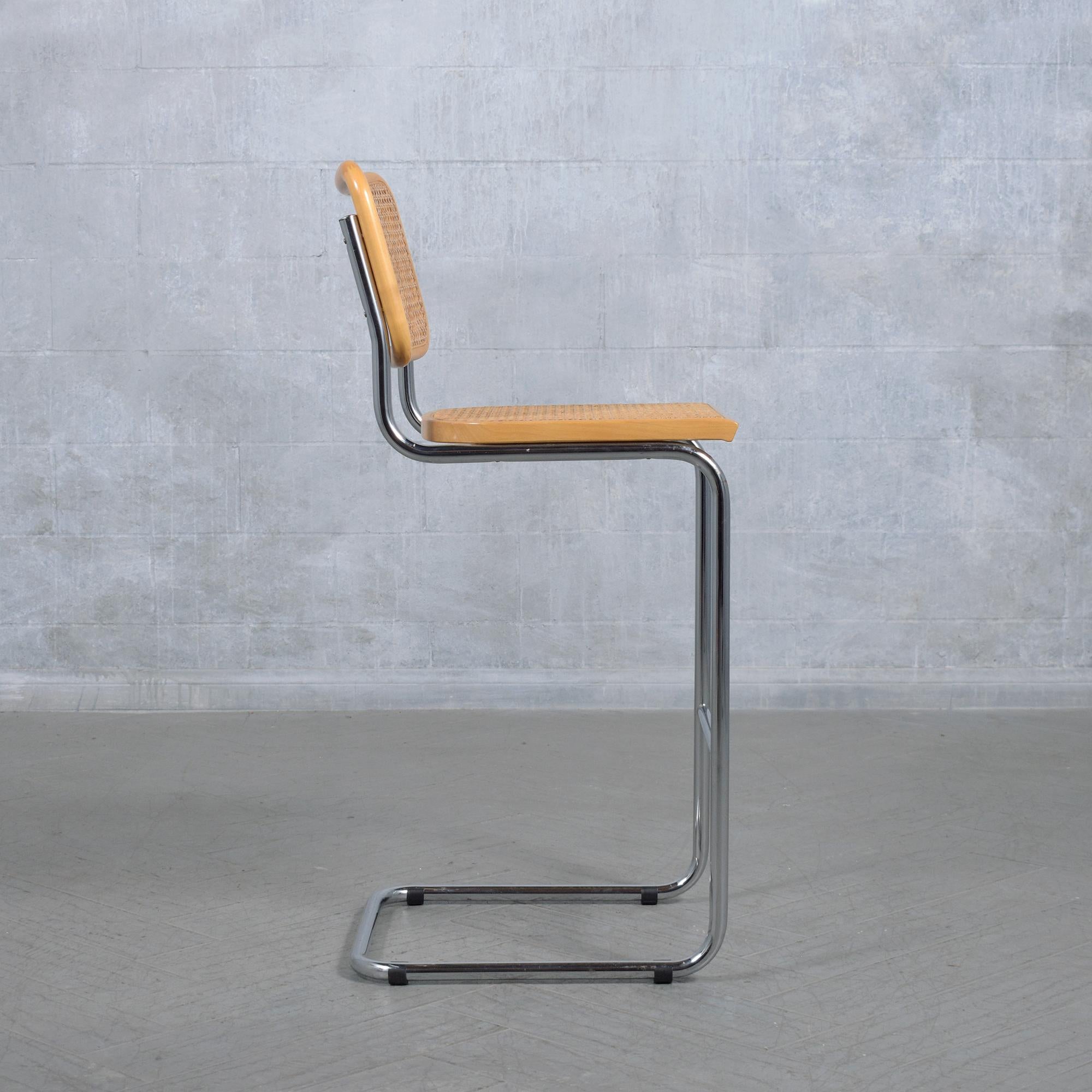 Stained Vintage Italian Caned Bar Stool: Marcel Breuer Style Meets Modern Elegance