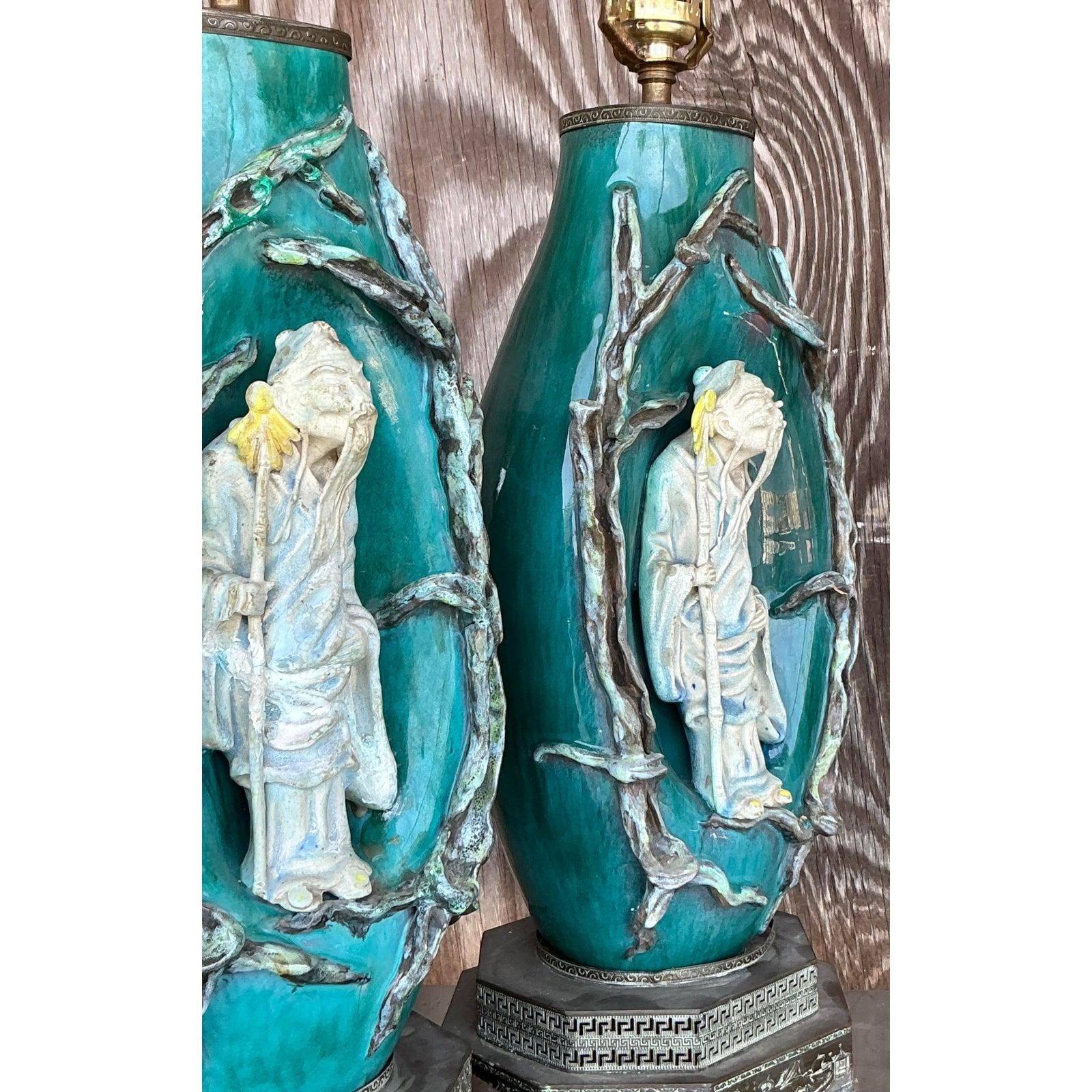 Chinoiseries Vintage Italian Marcelo Fantoni Glazed Ceramic Character Lamps - A Pair en vente