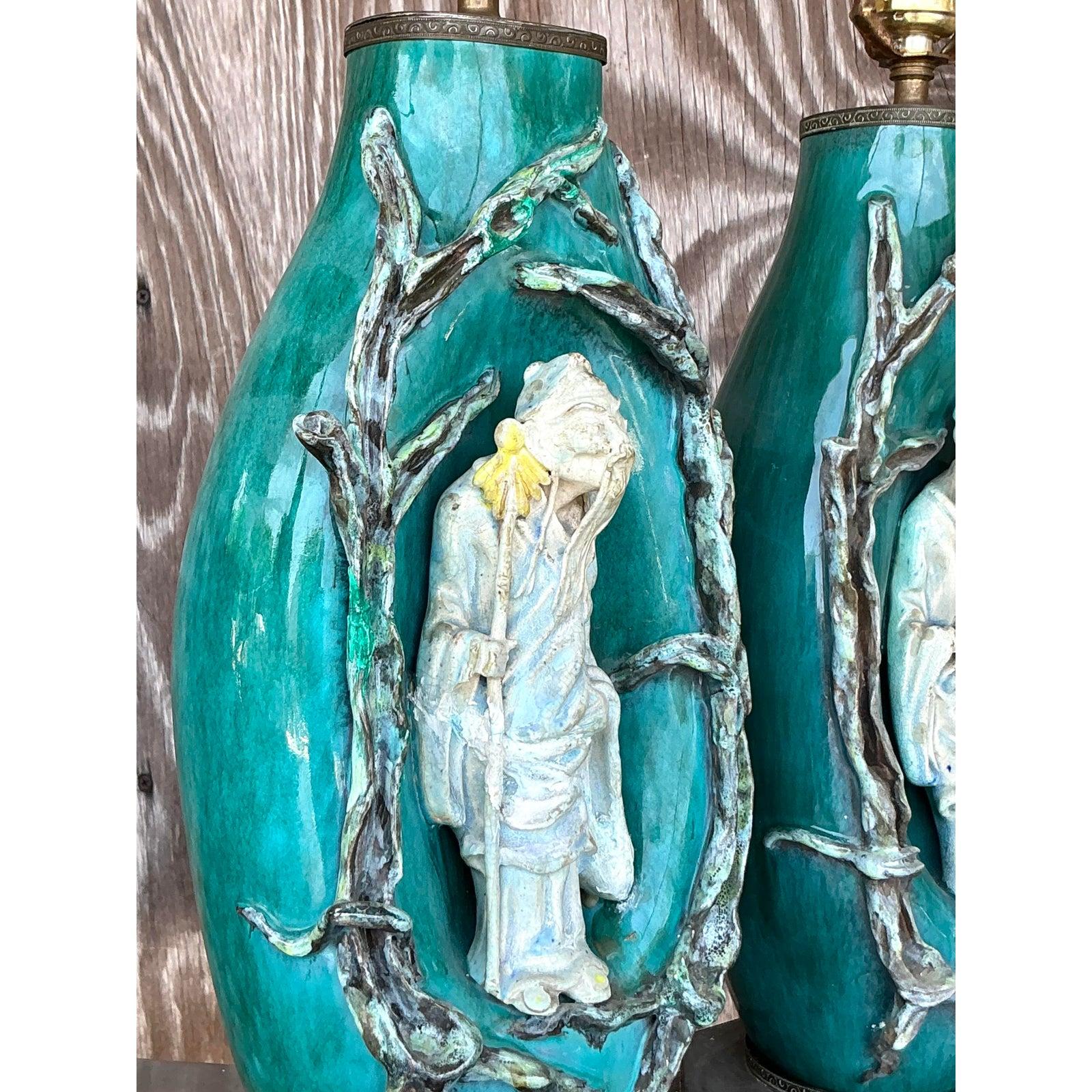 italien Vintage Italian Marcelo Fantoni Glazed Ceramic Character Lamps - A Pair en vente