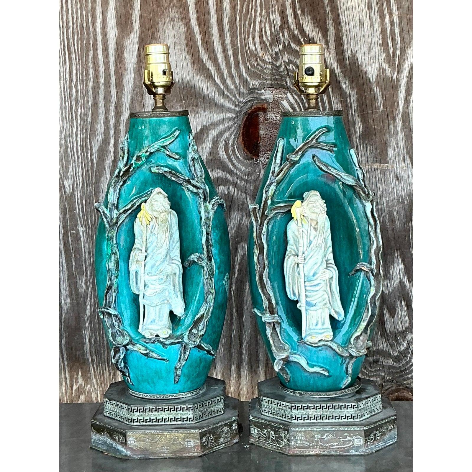 Laiton Vintage Italian Marcelo Fantoni Glazed Ceramic Character Lamps - A Pair en vente