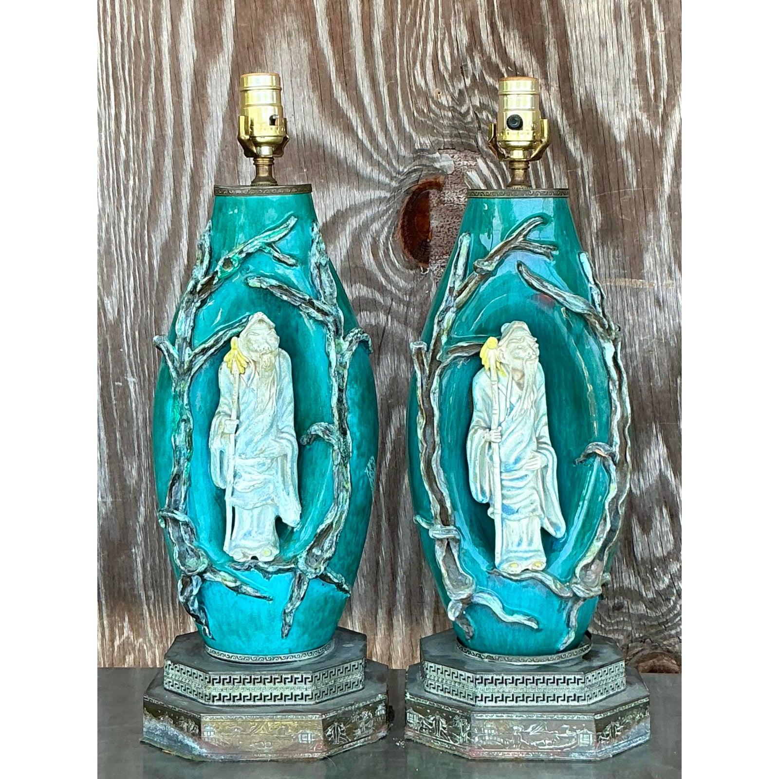 Vintage Italian Marcelo Fantoni Glazed Ceramic Character Lamps - A Pair en vente 1
