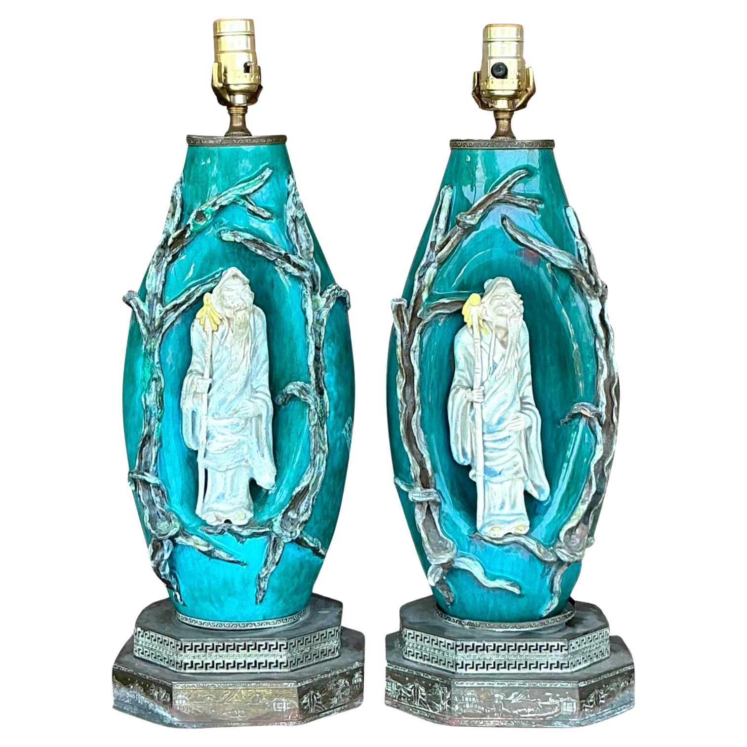 Vintage Italian Marcelo Fantoni Glazed Ceramic Character Lamps - A Pair en vente