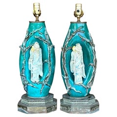 Vintage Italian Marcelo Fantoni Glazed Ceramic Character Lamps - A Pair