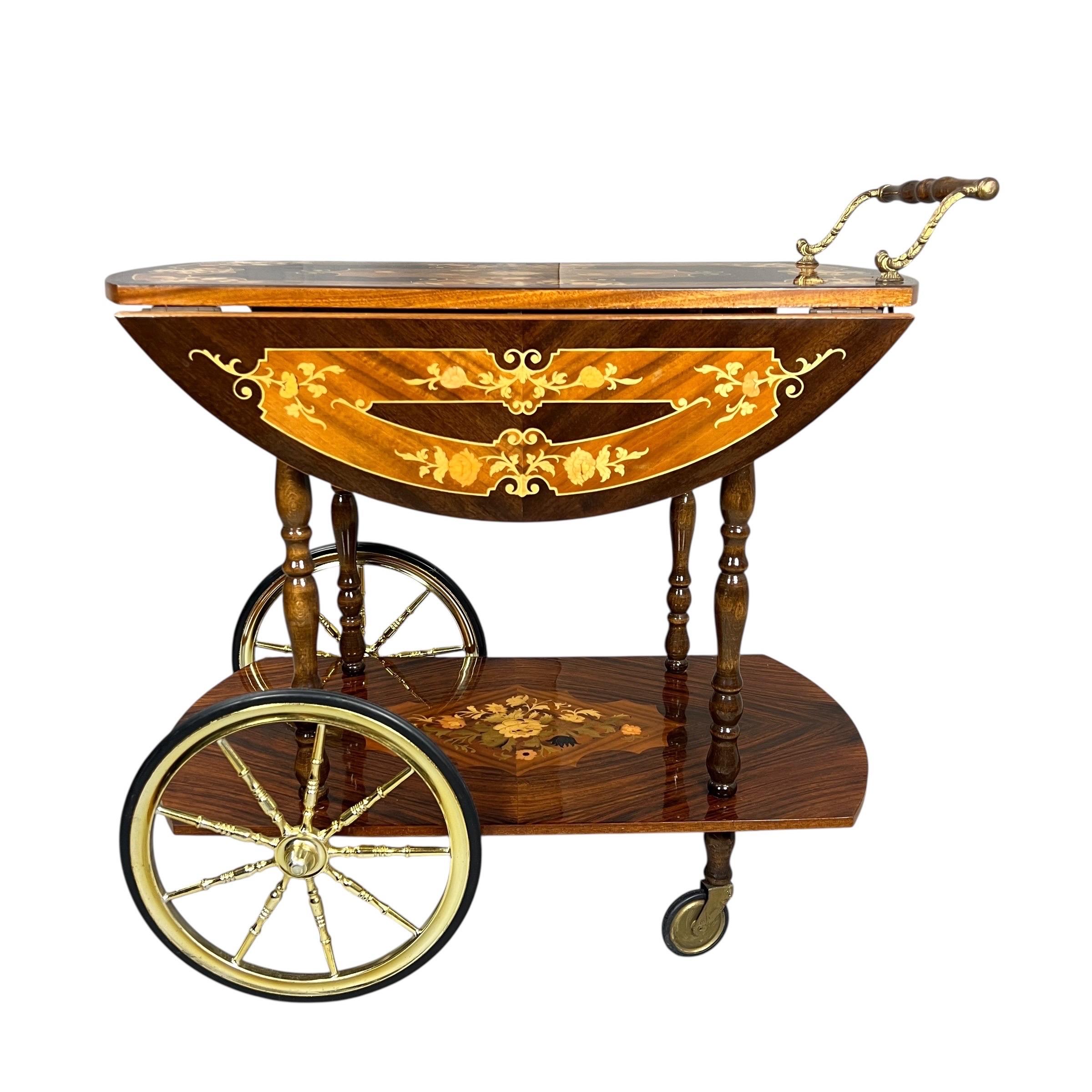 Carrello da bar vintage in intarsio italiano Hollywood Regency