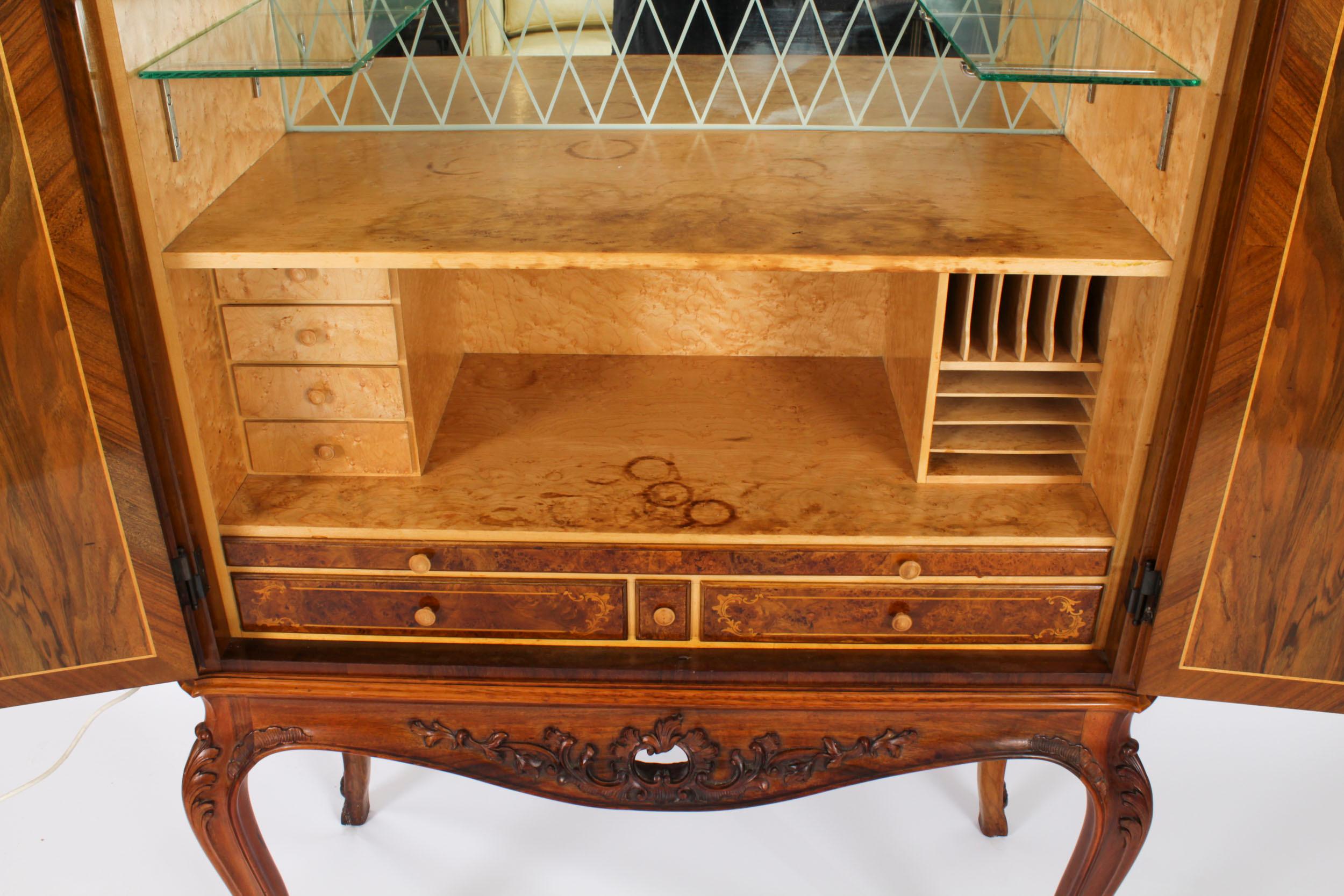 Vintage Italian Marquetry Inlaid Burr Walnut Cocktail Cabinet Mid Century For Sale 6