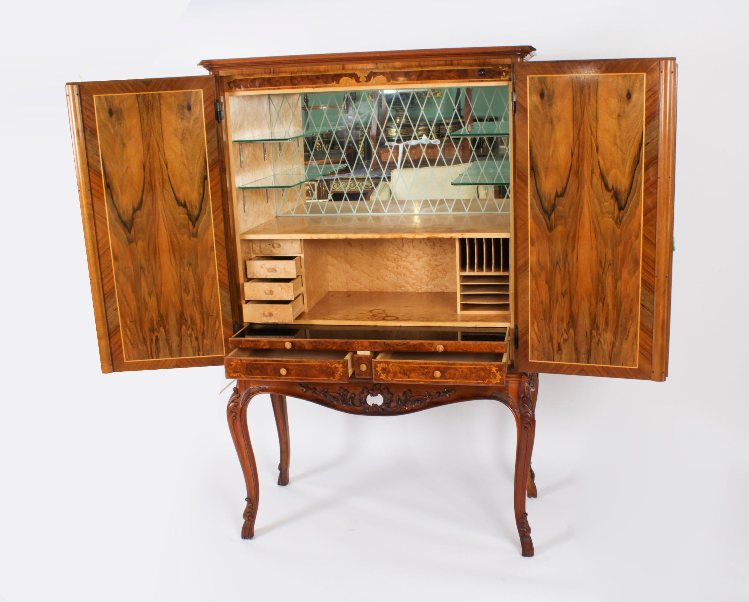 Vintage Italian Marquetry Inlaid Burr Walnut Cocktail Cabinet Mid Century For Sale 8