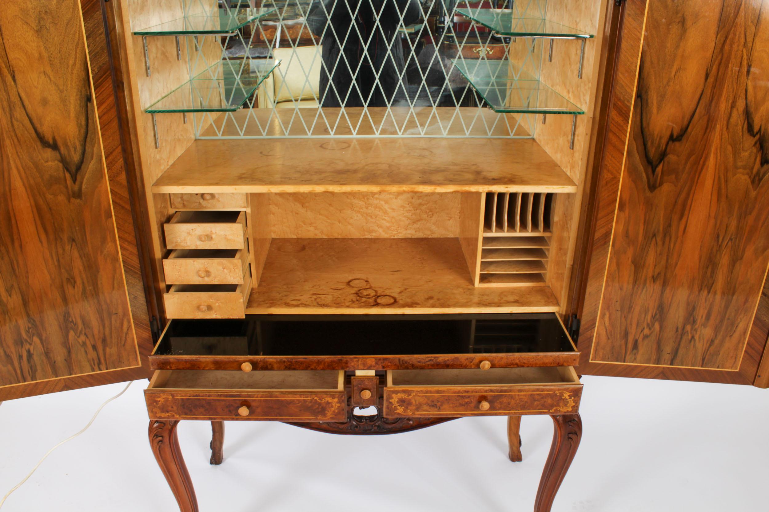 Vintage Italian Marquetry Inlaid Burr Walnut Cocktail Cabinet Mid Century For Sale 9