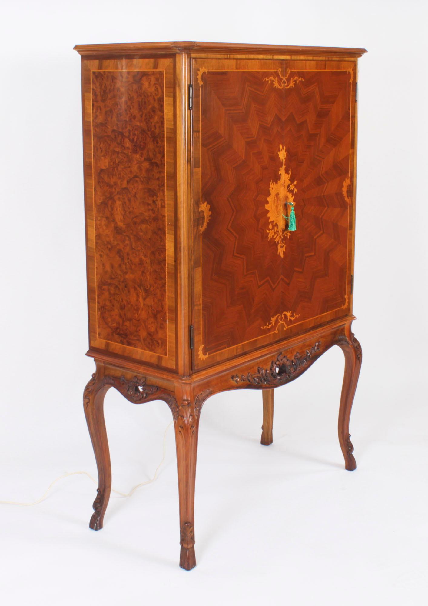 Vintage Italian Marquetry Inlaid Burr Walnut Cocktail Cabinet Mid Century For Sale 16