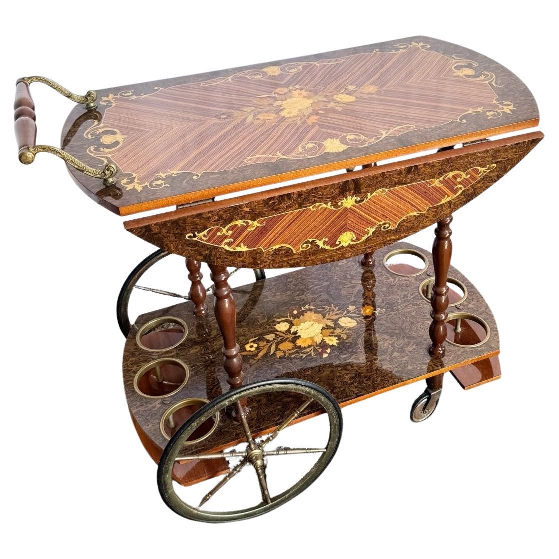 Vintage Italian Marquetry Inlaid Wood Wood Two-Tier Drop-Leaf Bar Cart