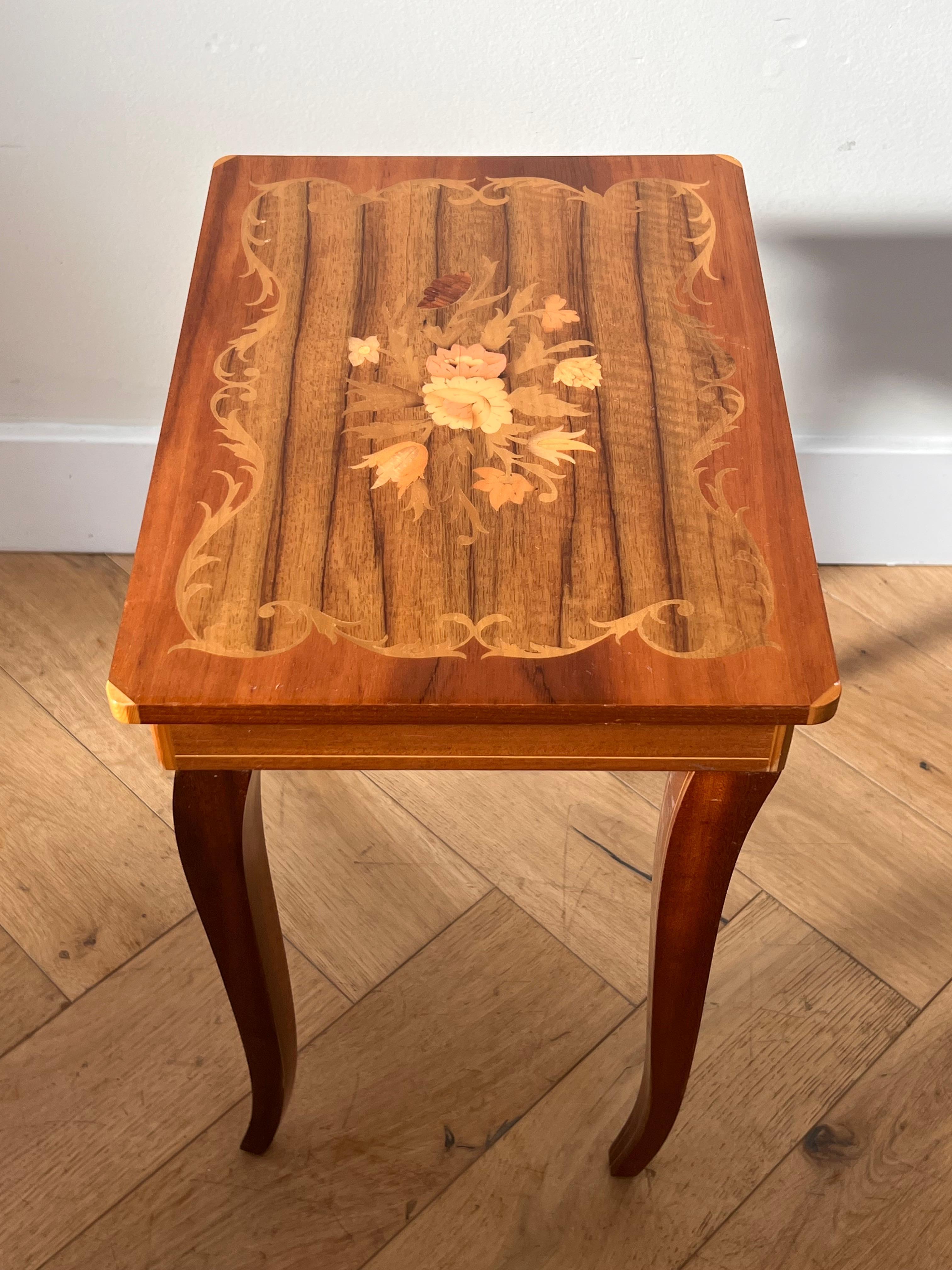 vintage Italian marquetry music-box side table, mid 20th c 1