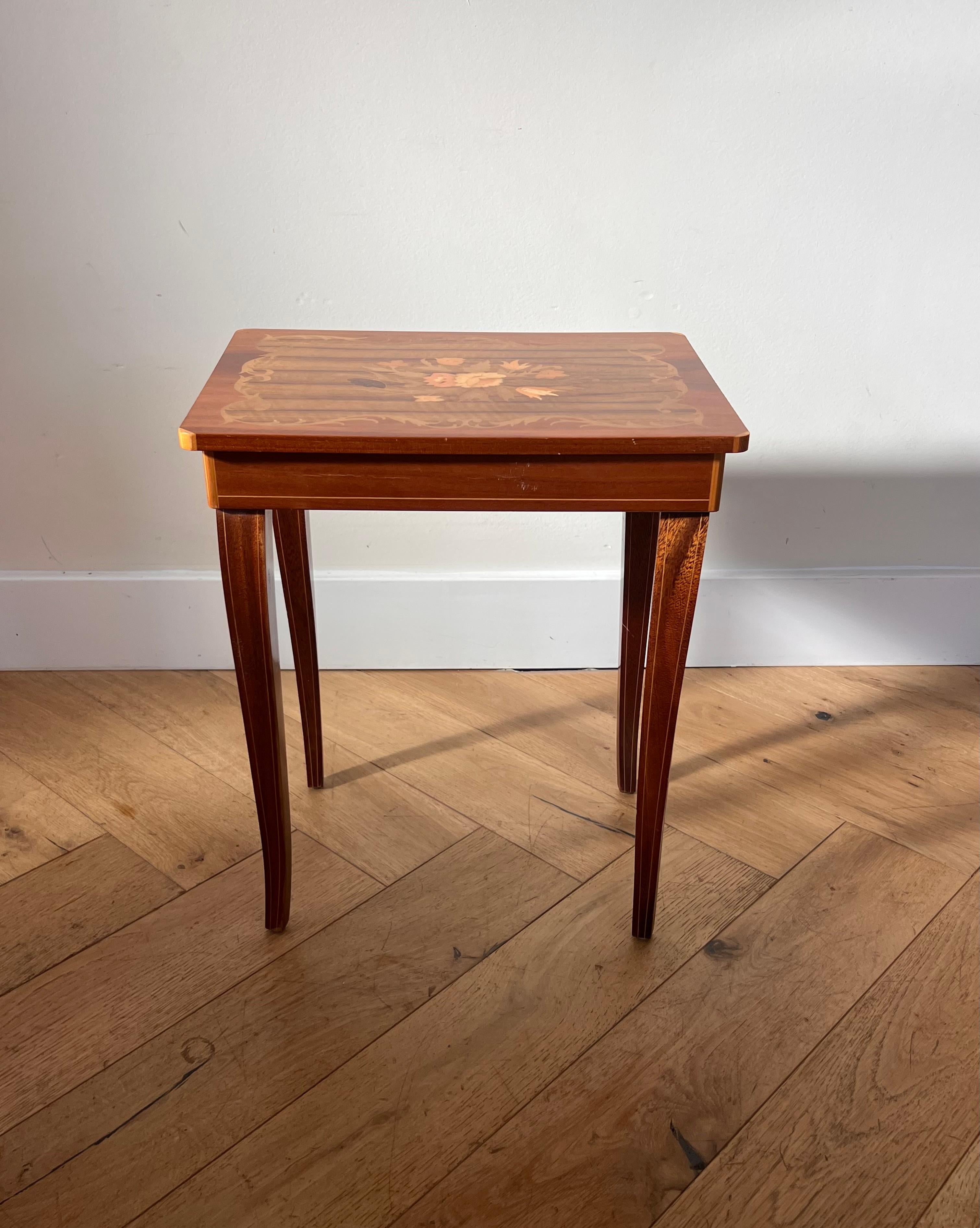 vintage Italian marquetry music-box side table, mid 20th c 2