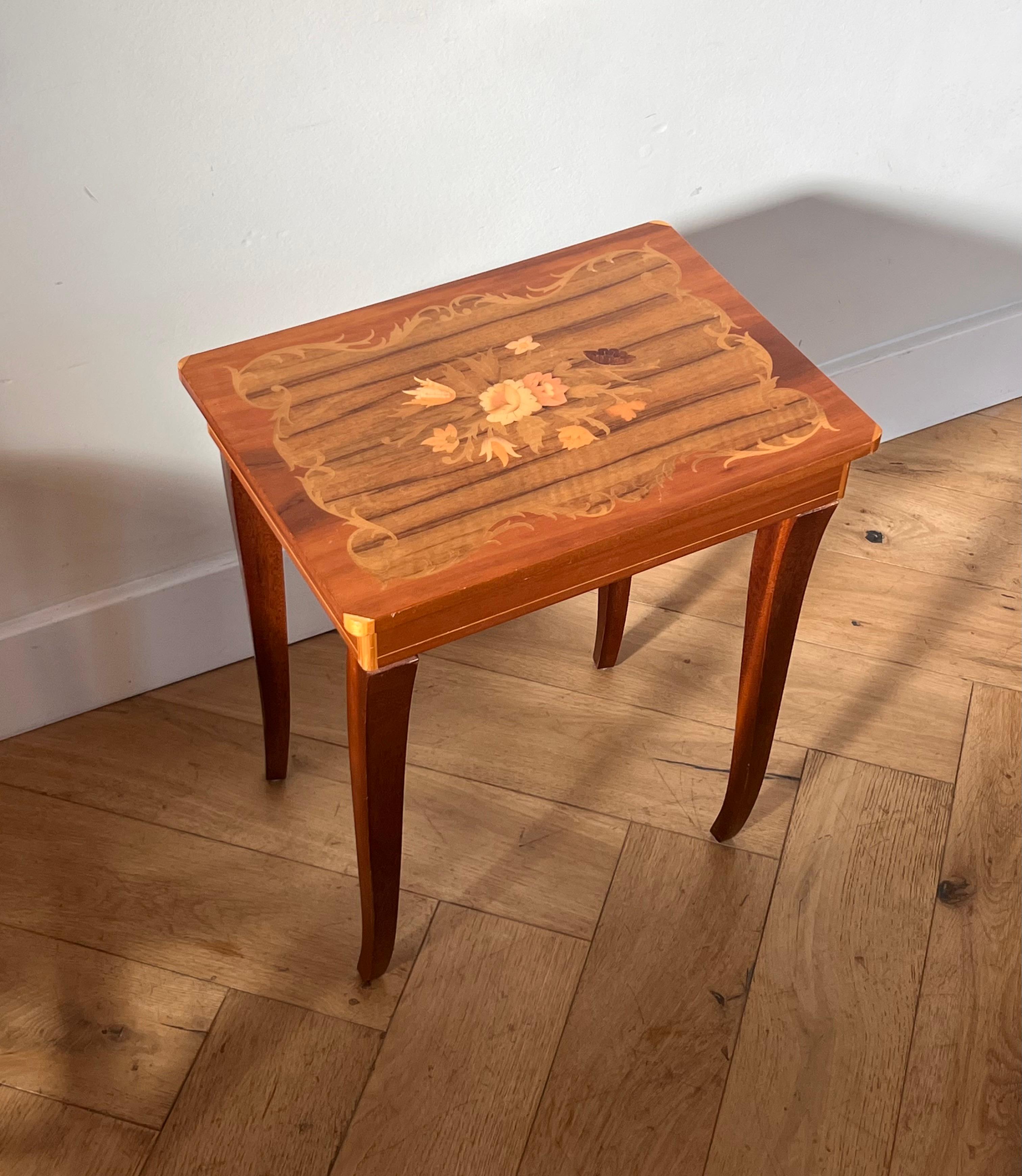 vintage Italian marquetry music-box side table, mid 20th c 3