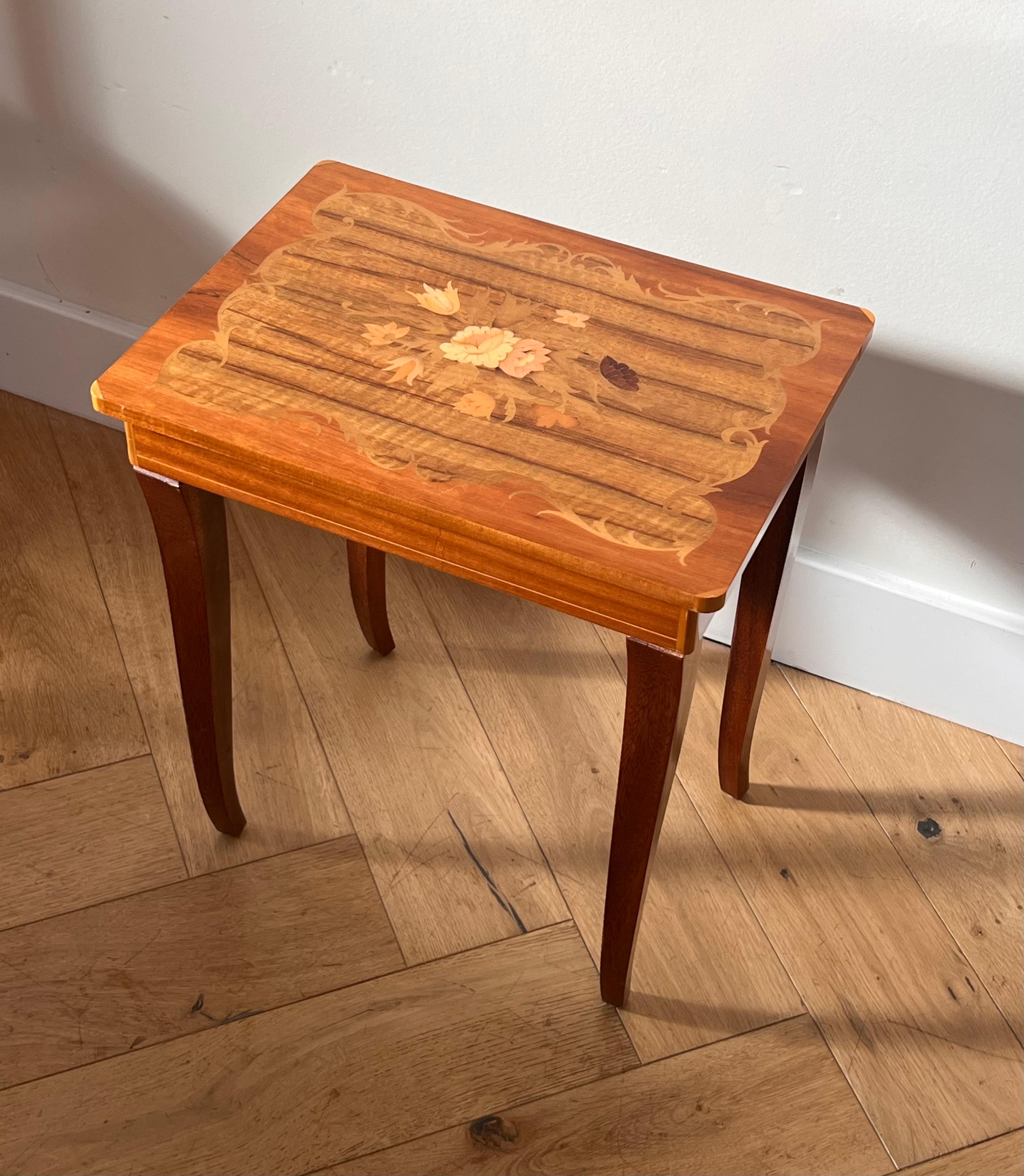 vintage Italian marquetry music-box side table, mid 20th c 8