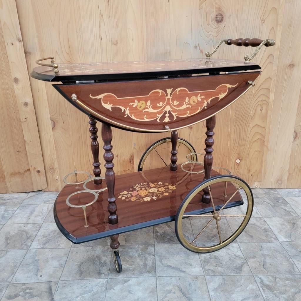 Vintage Italian Marquetry Two Tier Drop-Leaf Dessert/Bar Cart Trolley For Sale 3
