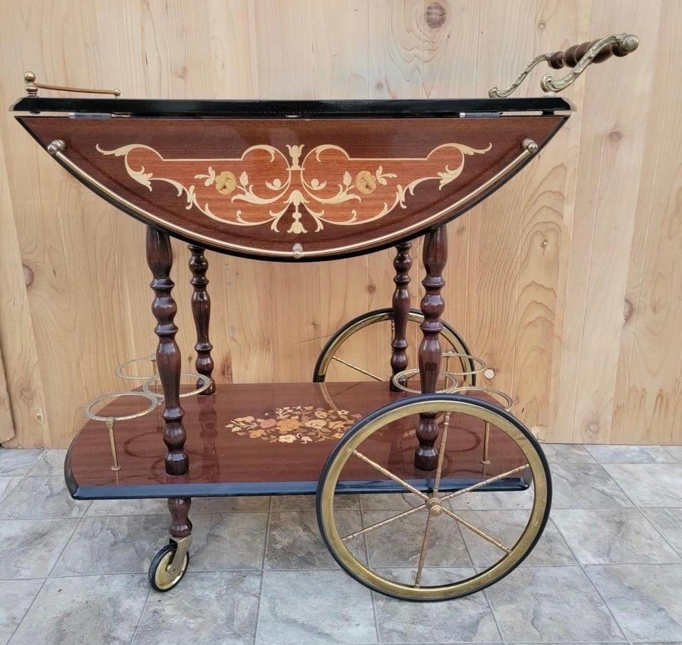 Hollywood Regency Vintage Italian Marquetry Two Tier Drop-Leaf Dessert/Bar Cart Trolley For Sale