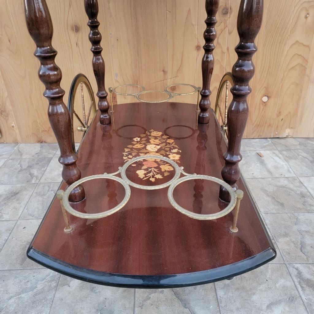 Hand-Crafted Vintage Italian Marquetry Two Tier Drop-Leaf Dessert/Bar Cart Trolley For Sale