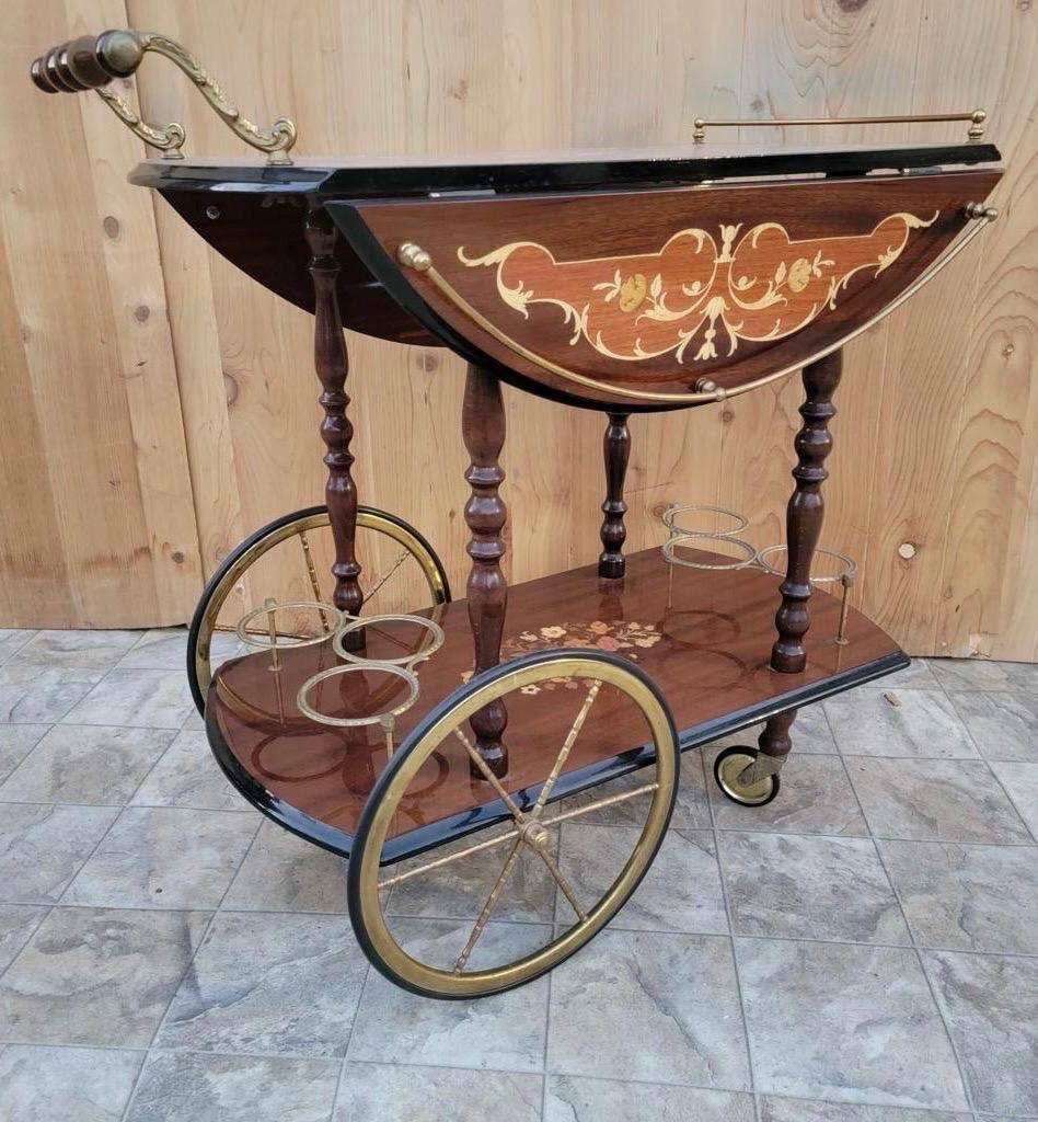 Mid-20th Century Vintage Italian Marquetry Two Tier Drop-Leaf Dessert/Bar Cart Trolley For Sale