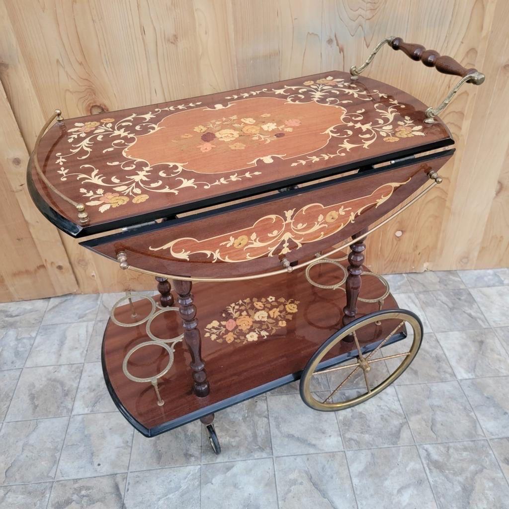 Vintage Italian Marquetry Two Tier Drop-Leaf Dessert/Bar Cart Trolley For Sale 2