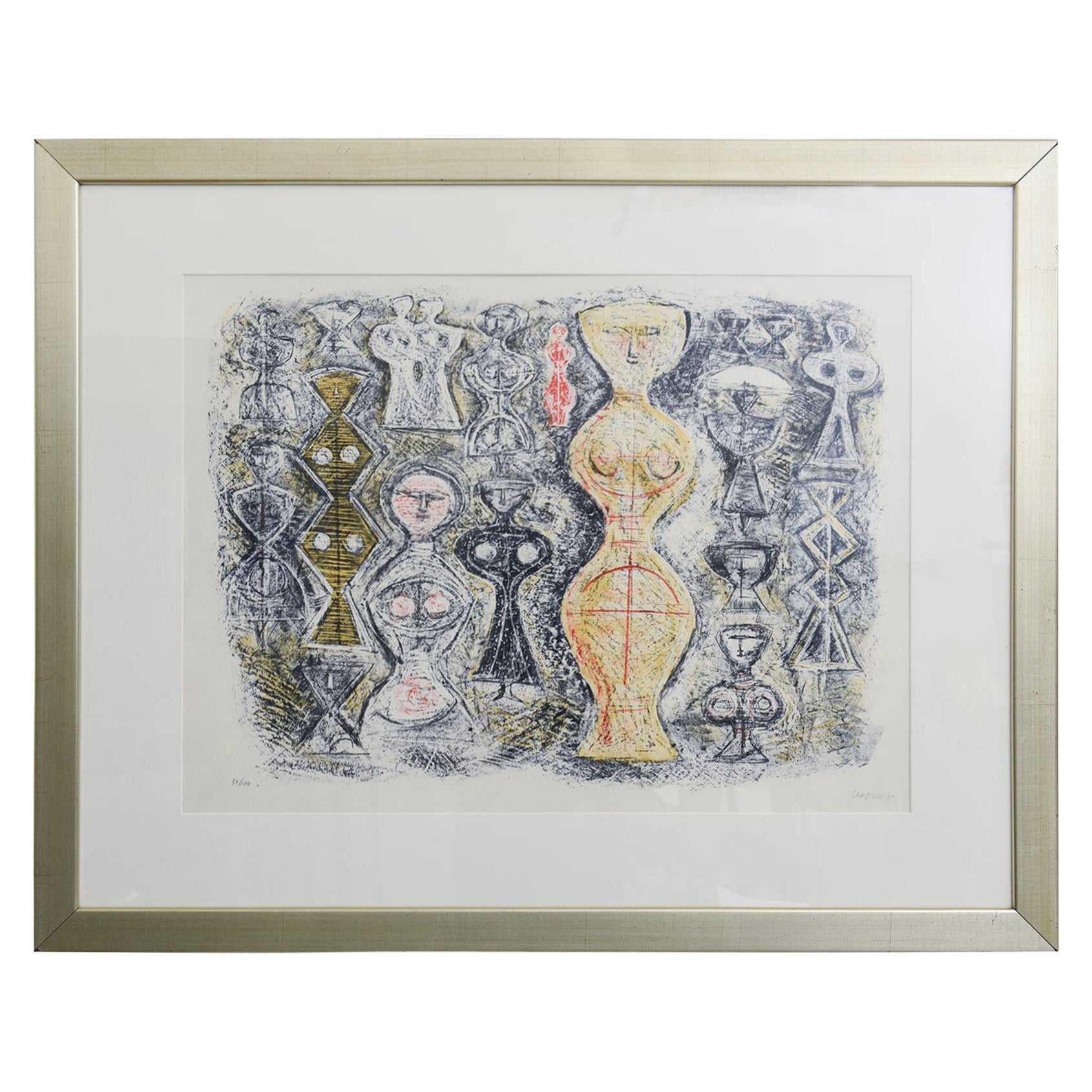 Vintage Italian Massimo Campigli Stone Lithograph Titled Femme Sur Fond Bleu