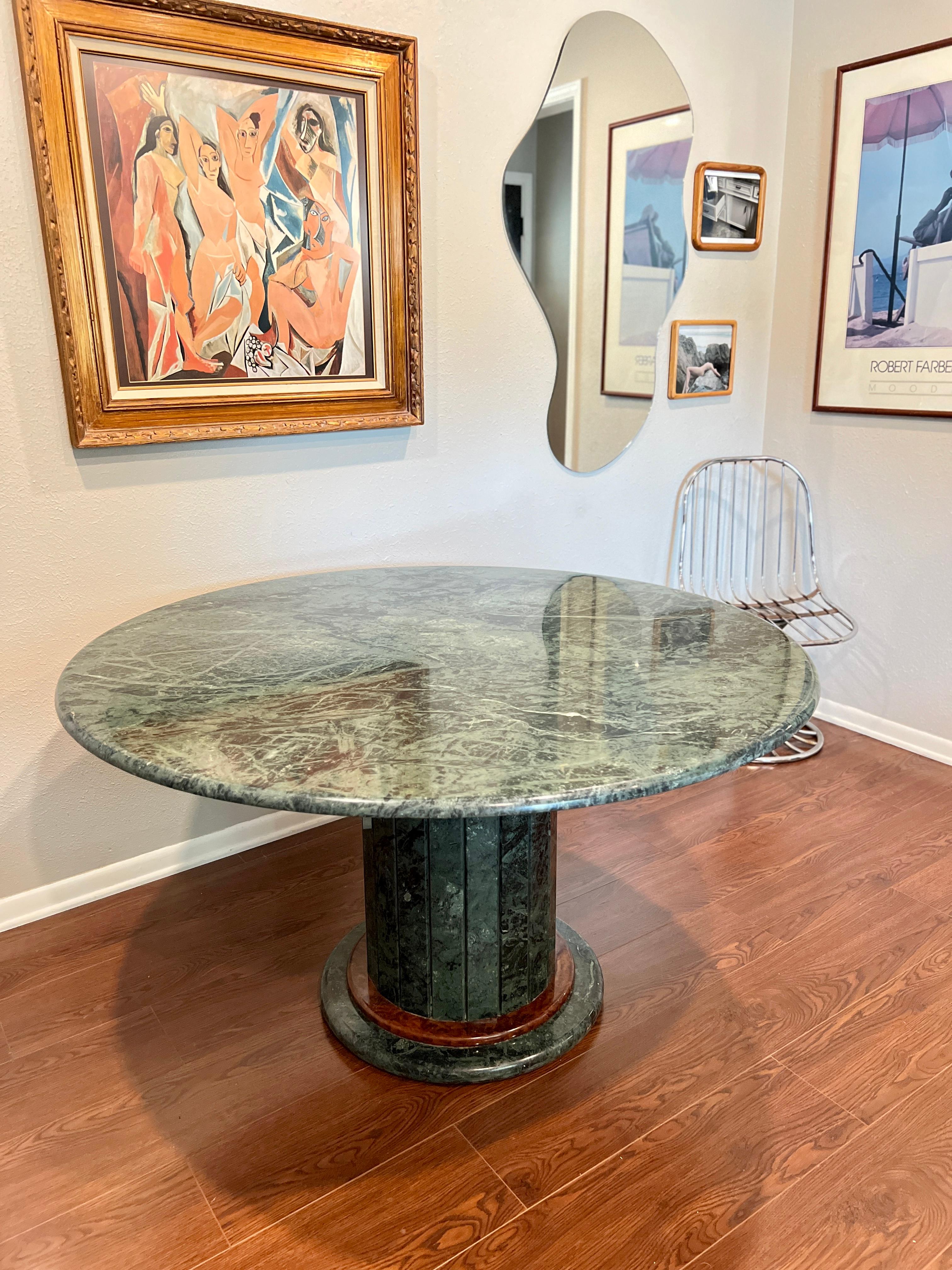 Vintage Italian Mcm Circular Green Marble Dining Table with a Panel Base 2