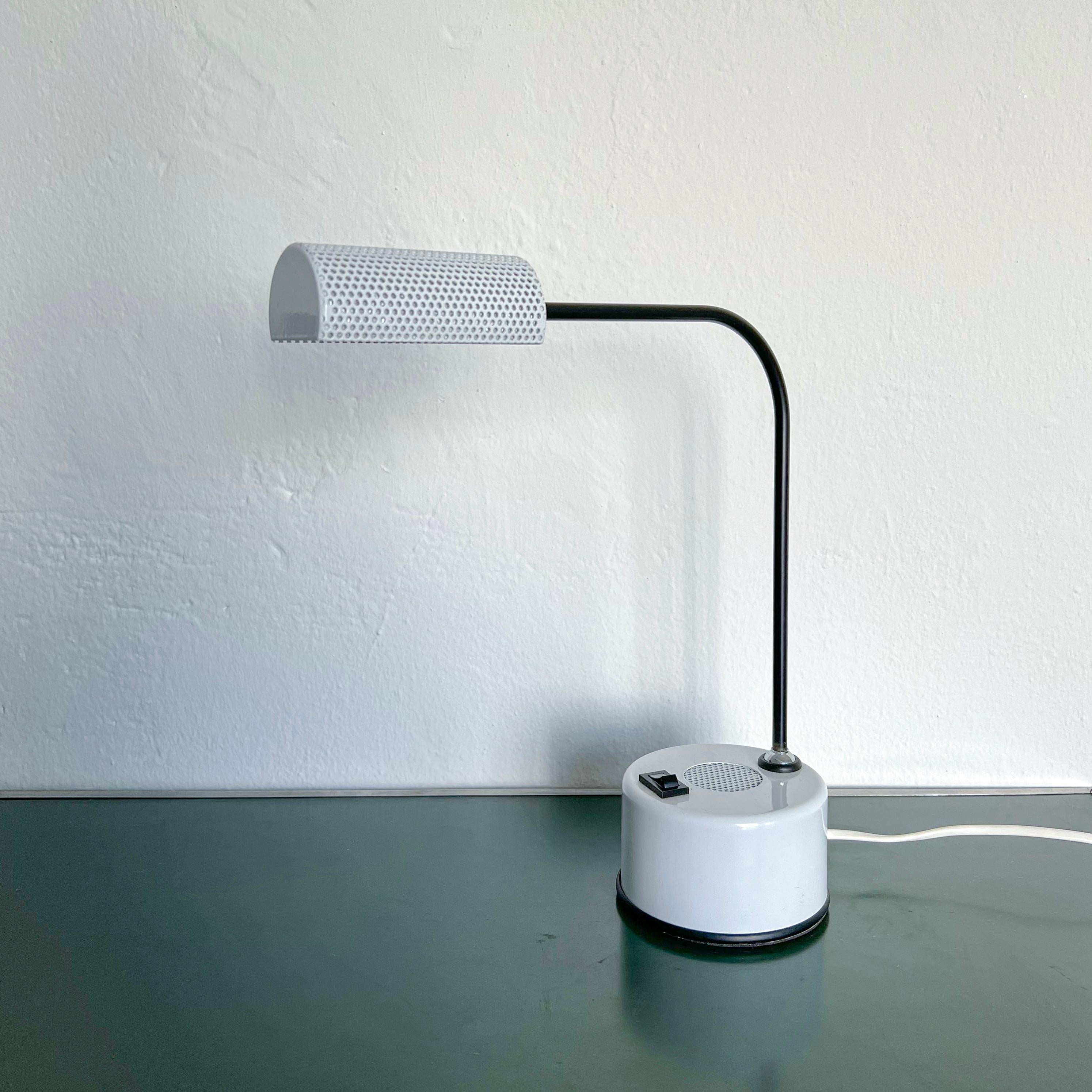 Modern Vintage Italian Memphis Era Desk Lamp in White Perforated Metal, Orientable Arm For Sale