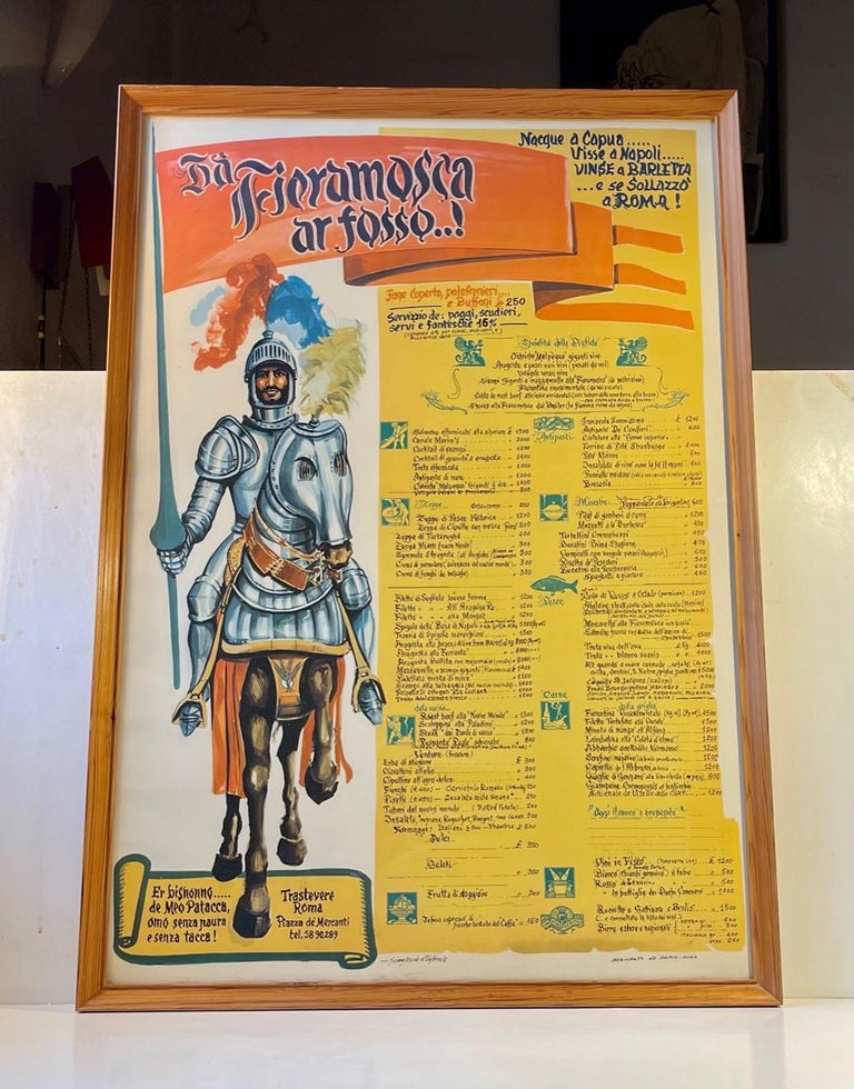 Original 1960s framed post/menu card from a Italian Restaurant with branches in Napoli, Barletta and Rome. Motif: Knight on Horse. Detailed and categorized menu with prizes. Printed in Italy during the 1960s and framed in a period frame behind