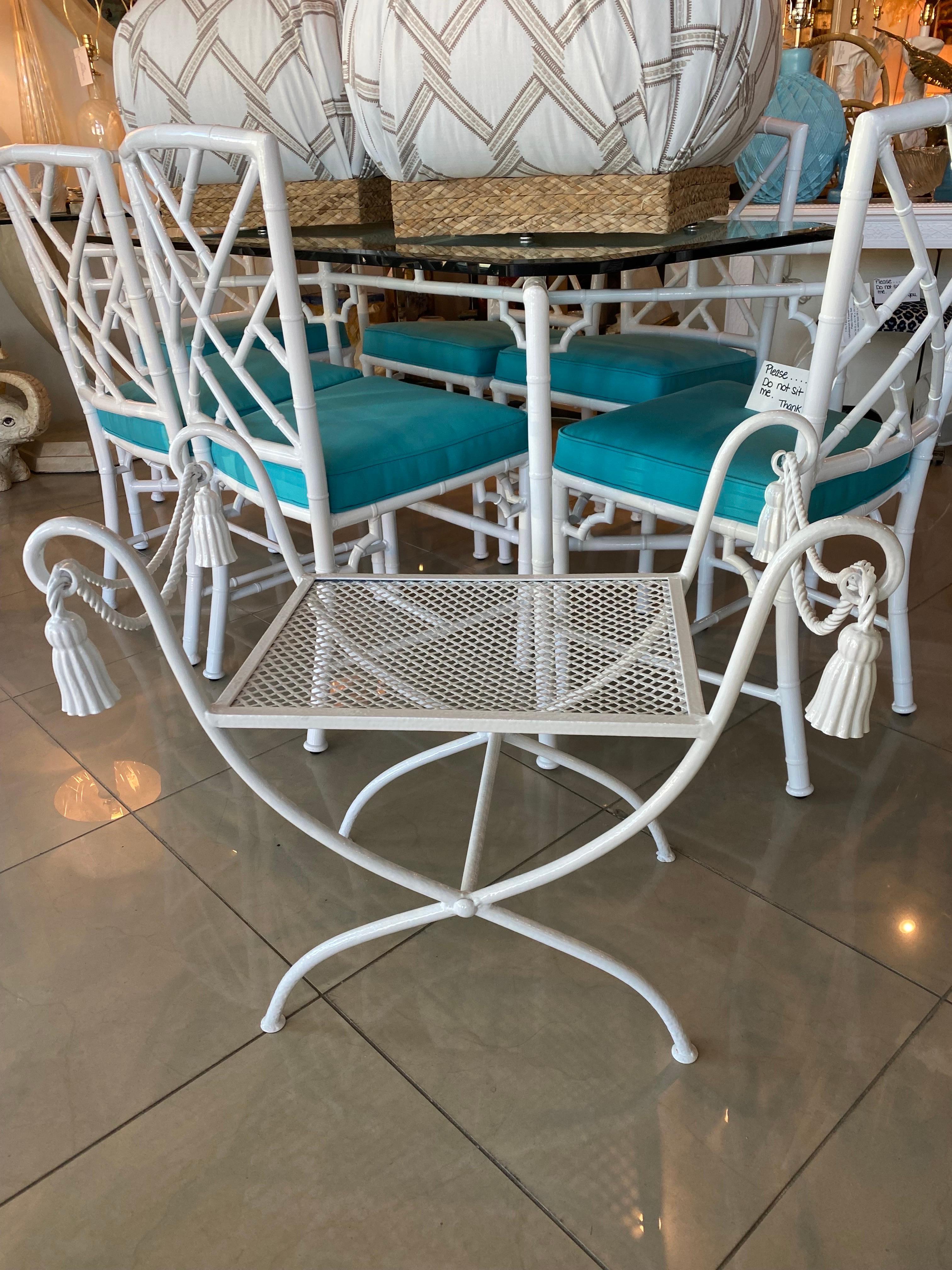 Vintage metal Italian tole bench with tassels. Newly powder-coated in a. fresh white. This can be used indoors, outdoors or patio. If you would like an additional shipping quote please contact me. Dimensions: 24 H x 16 D x 29.5 W x Seat Height 16.5.