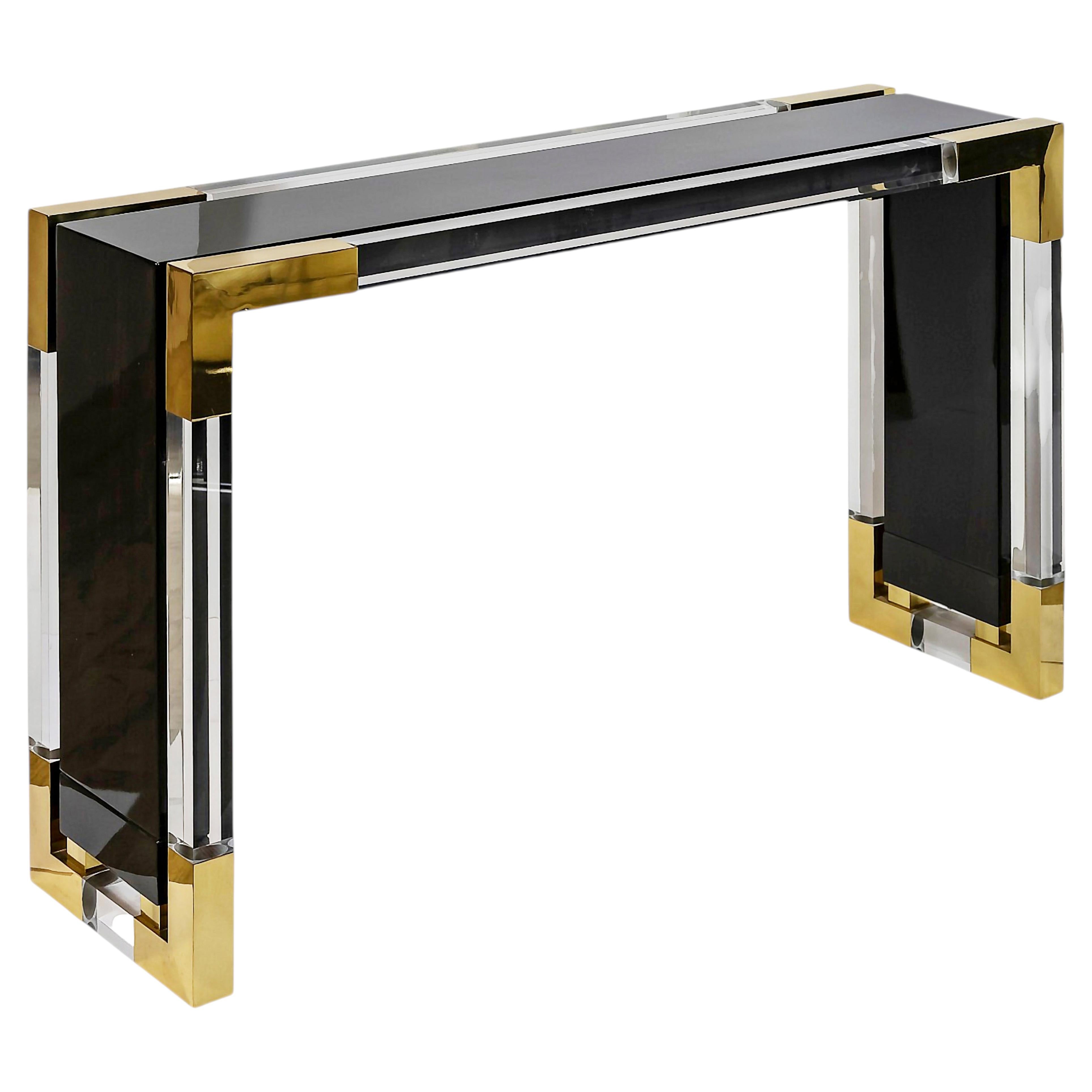 Vintage Italian Metal, Varnished Wood and Plexi Console Table