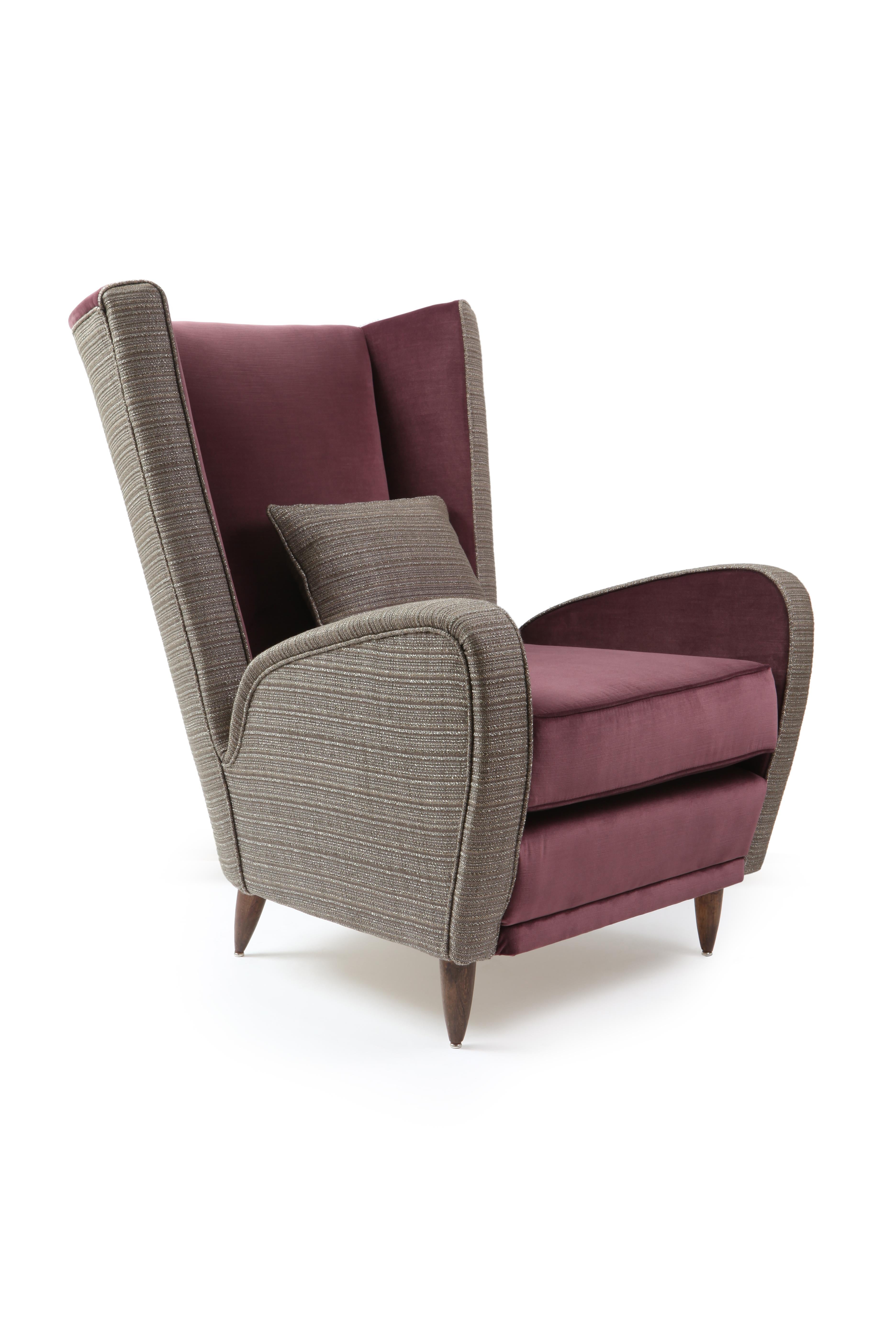 Mid-century Italian armchair reupholstered in Nobilis plum cotton velvet and Dedar Lucilo boucle fabric.