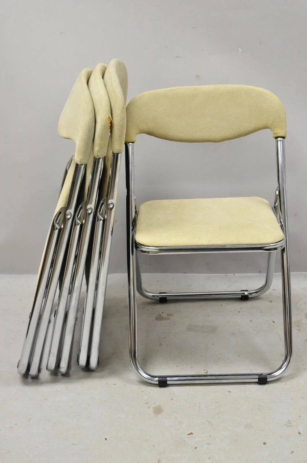 Vintage Italian Mid Century Chrome Upholstered Folding Game Chairs - Set of 4. Item features folding frames, chrome construction, original label, clean modernist lines, great style and form. Circa Mid 20th Century. Measurements: Open: 25