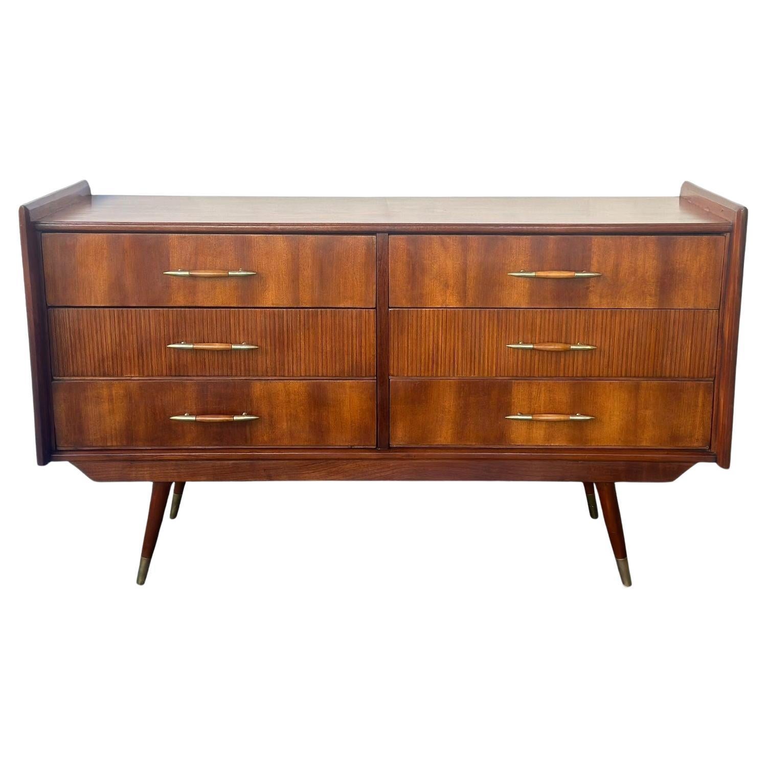 Vintage Italian Mid-Century Dresser with Brass Accents, c. 1950's For Sale