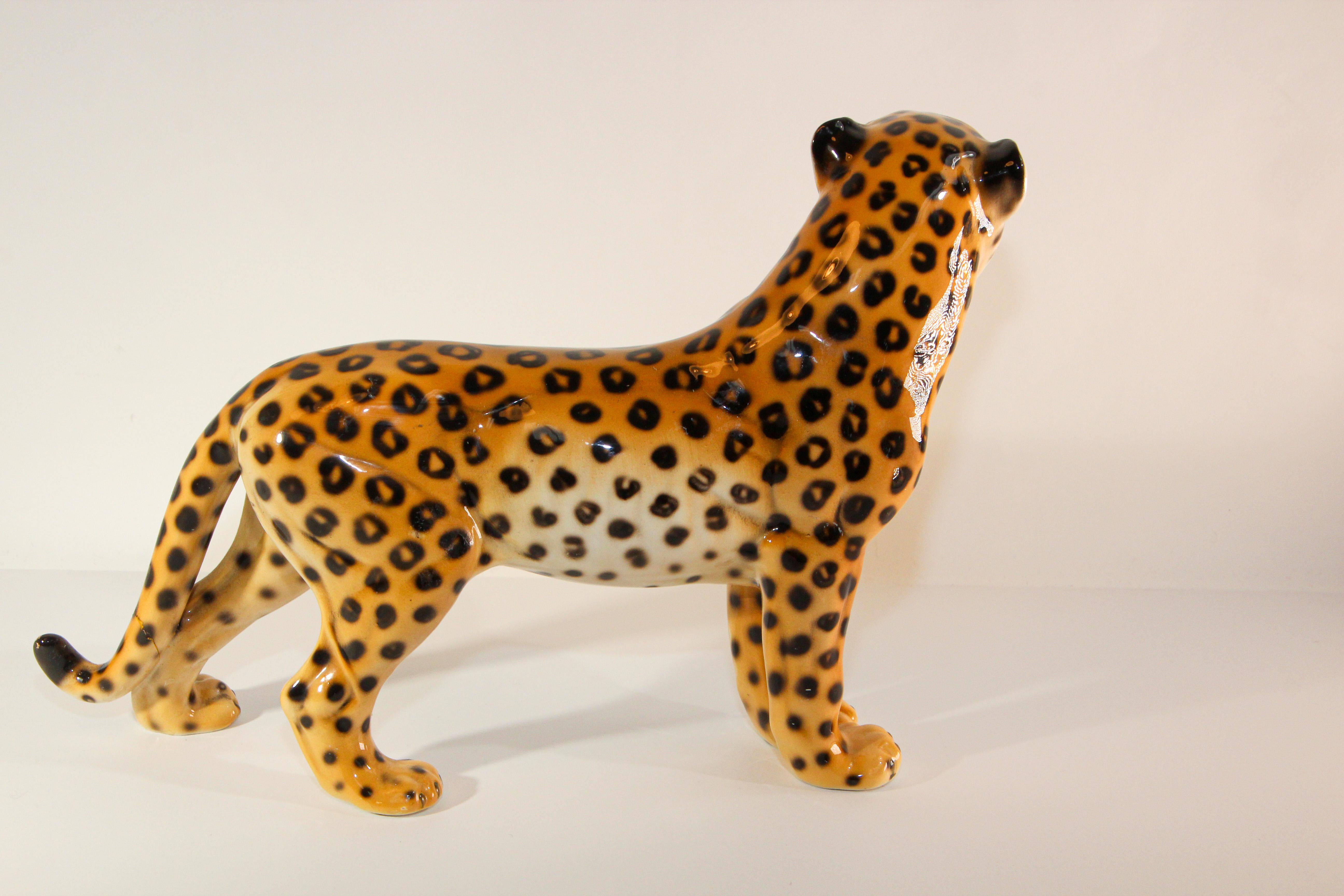 Ceramic Vintage Italian Mid-Century Glazed Porcelain Leopard Sculpture For Sale