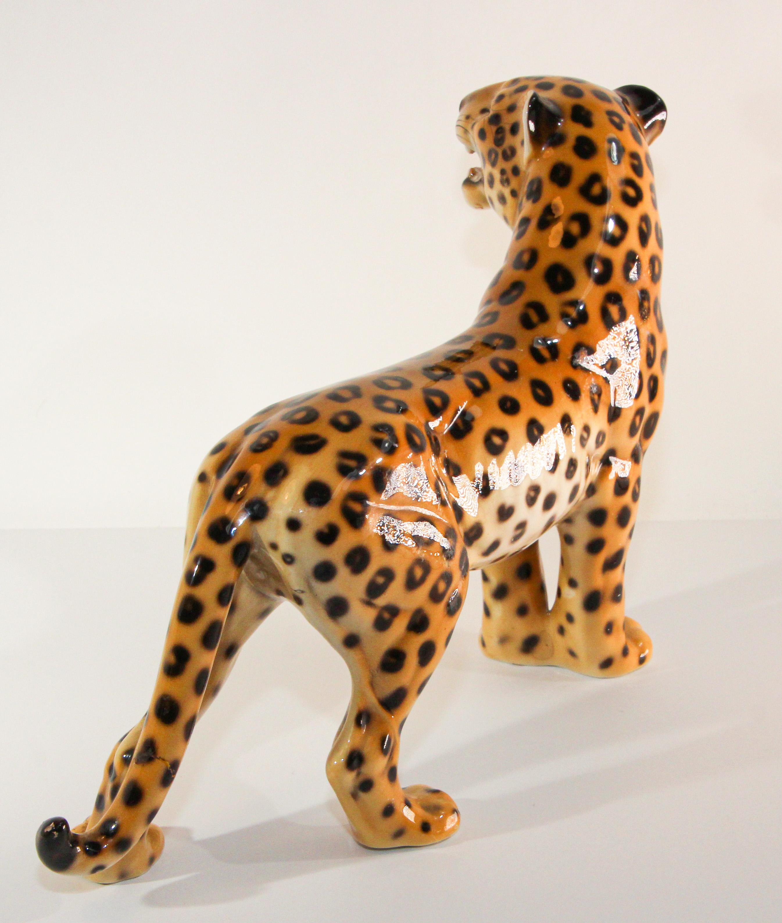 Vintage Italian Mid-Century Glazed Porcelain Leopard Sculpture For Sale 3