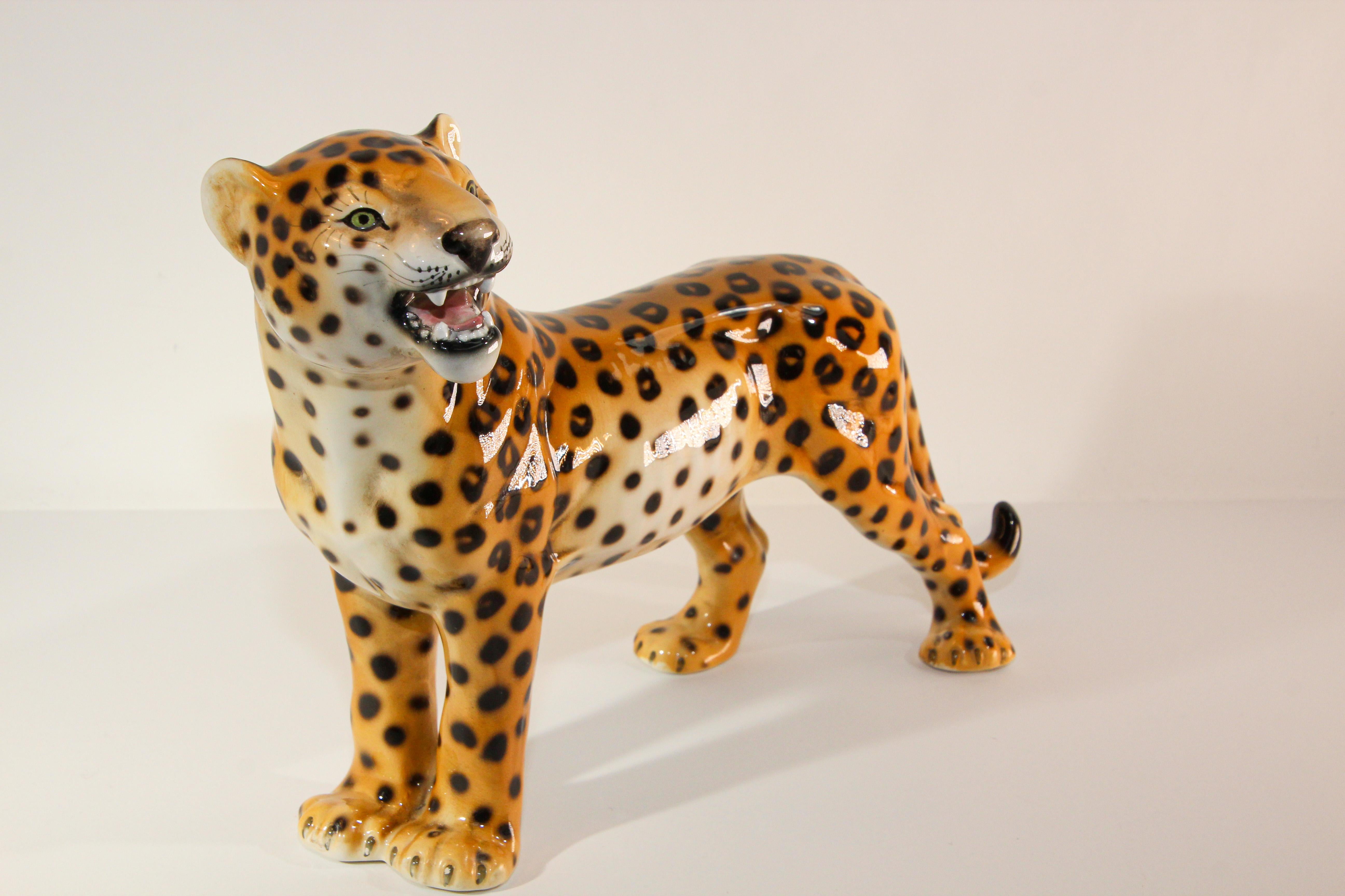 Vintage Italian Mid-Century Glazed Porcelain Leopard Sculpture In Fair Condition For Sale In North Hollywood, CA