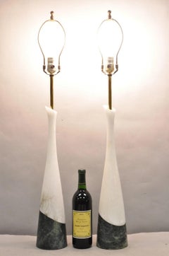 Vintage Italian Mid Century Modern 2 Tone Alabaster Green White Table Lamp Pair