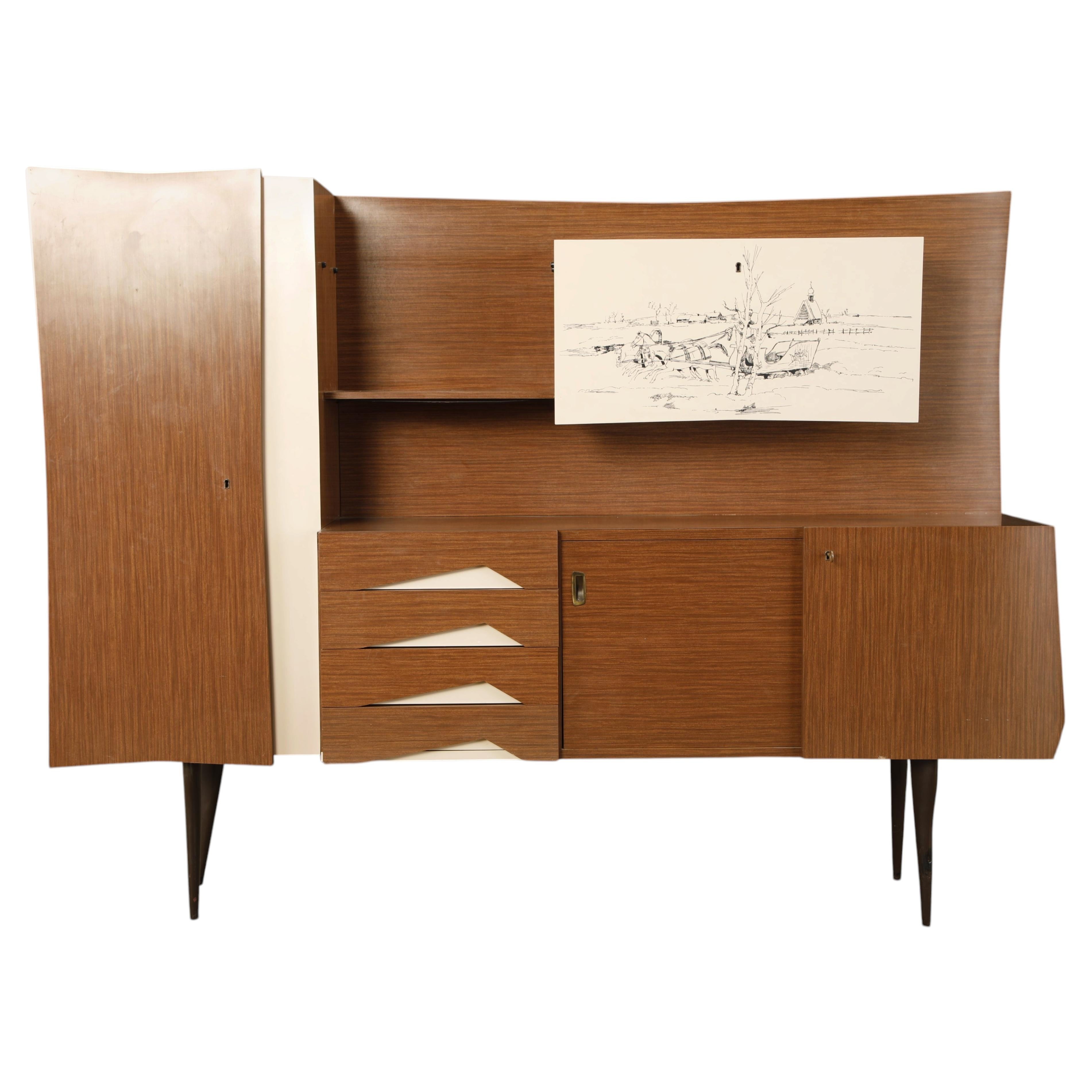 Vintage Italian Mid-Century Modern Cabinet / Bar Credenza with Drop-Down Door