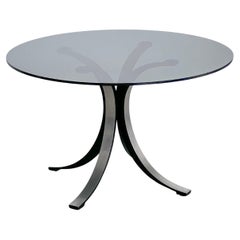 Table de salle à manger italienne vintage moderne du milieu du siècle dernier en aluminium, plateau en verre fumé