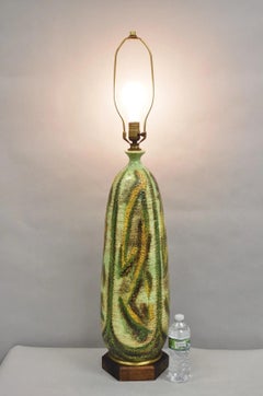 Vintage Italian Mid Century Modern Green Pottery Glazed Ceramic Tall Table Lamp