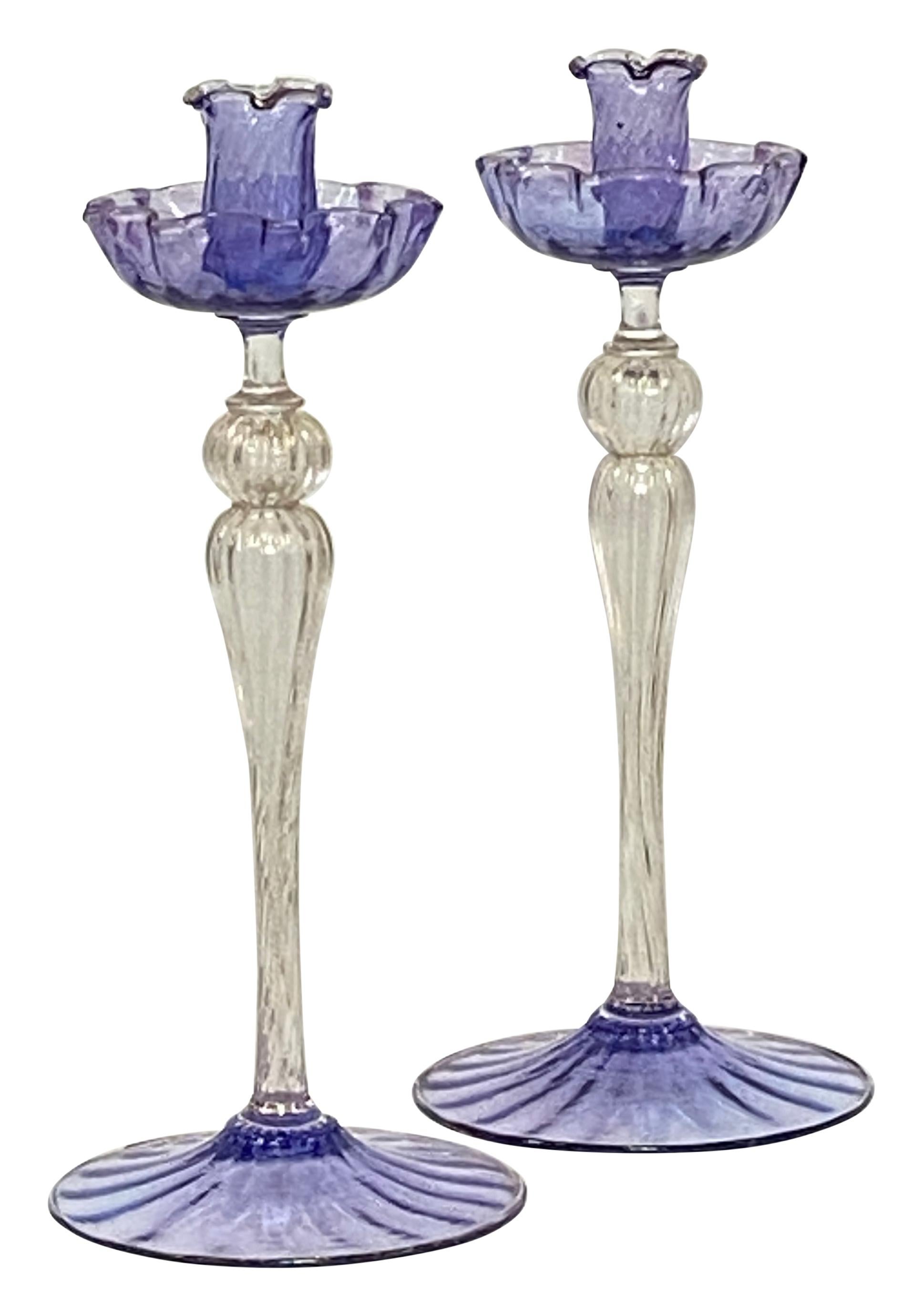 Vintage Italian Mid Century Murano Glass Candlesticks For Sale 2
