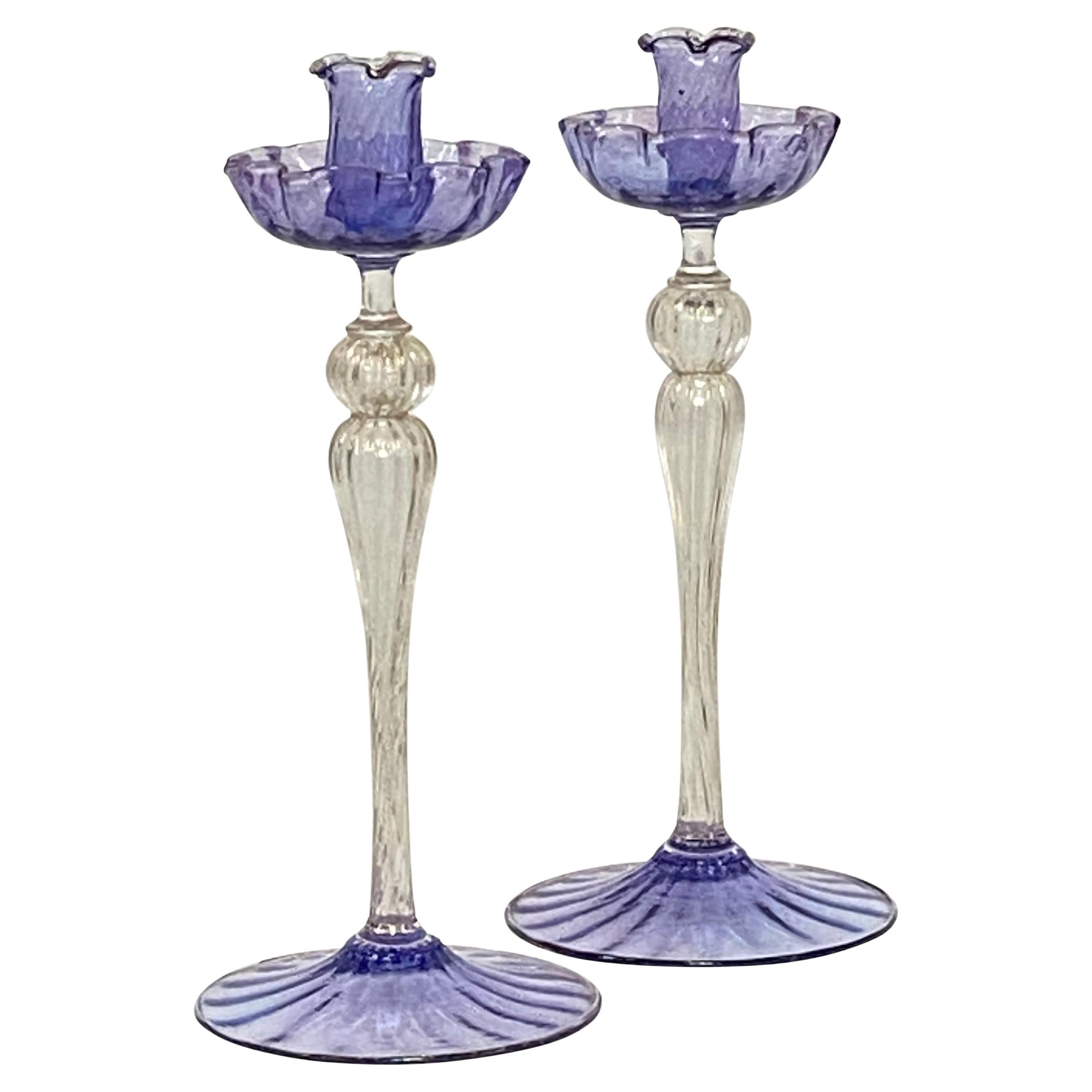 Vintage Italian Mid Century Murano Glass Candlesticks For Sale