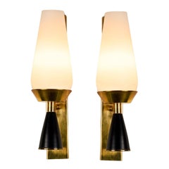 Vintage Italian mid-century Murano opaline glass and brass cone wall lights
