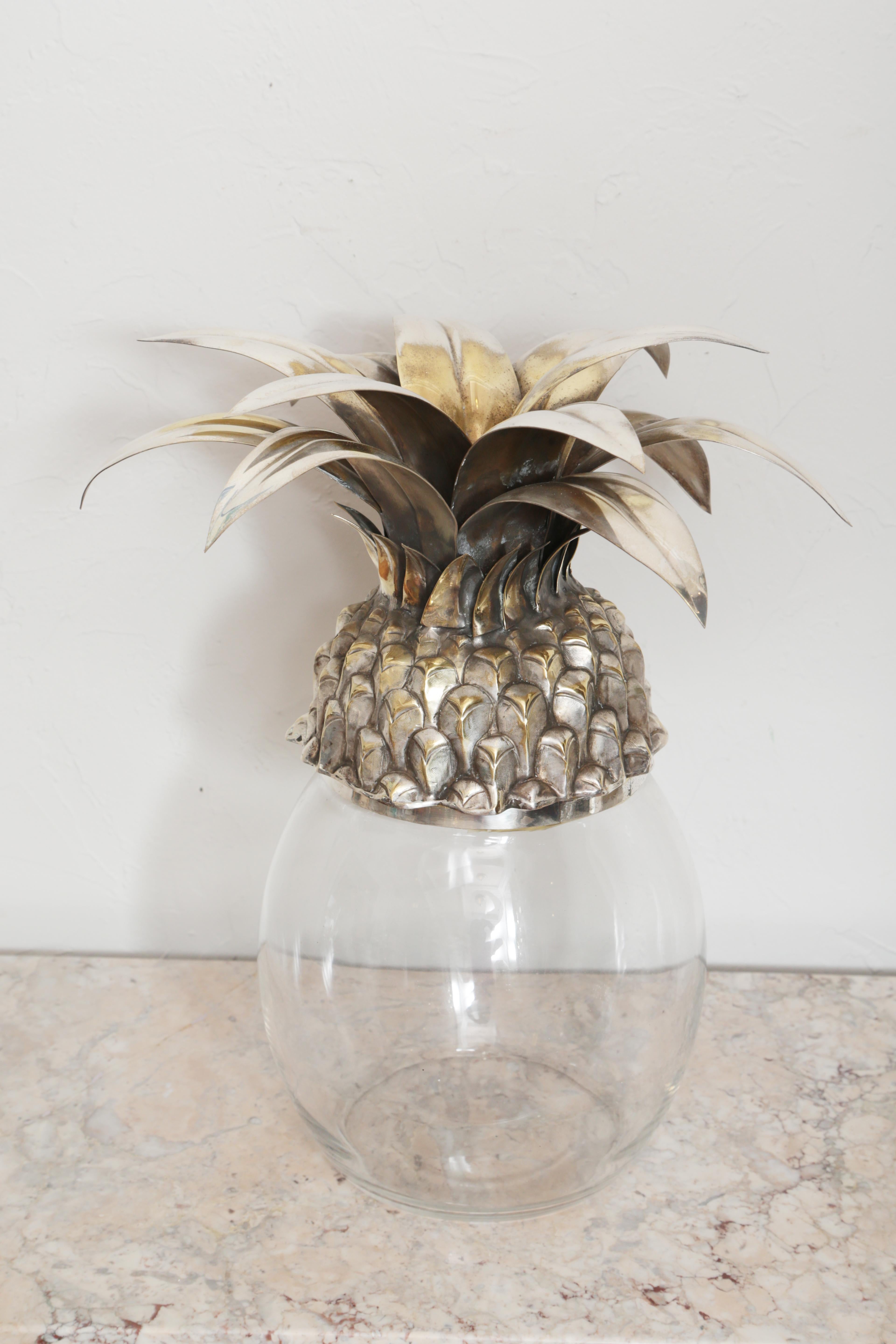 Italian midcentury silver plated pineapple topped glass ice bucket.