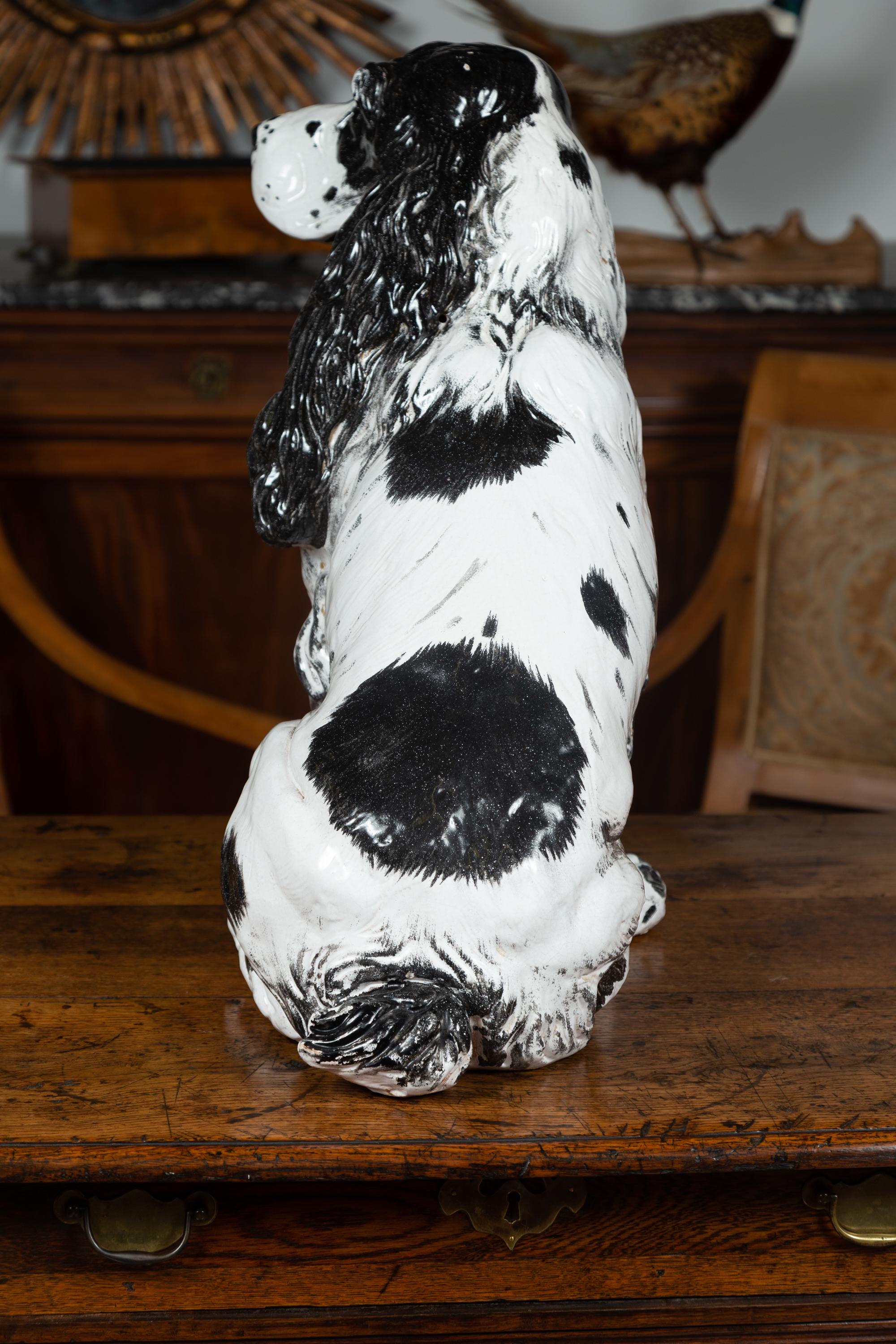 Vintage Italian Midcentury Black and White Terracotta Spaniel Dog Sculpture For Sale 1