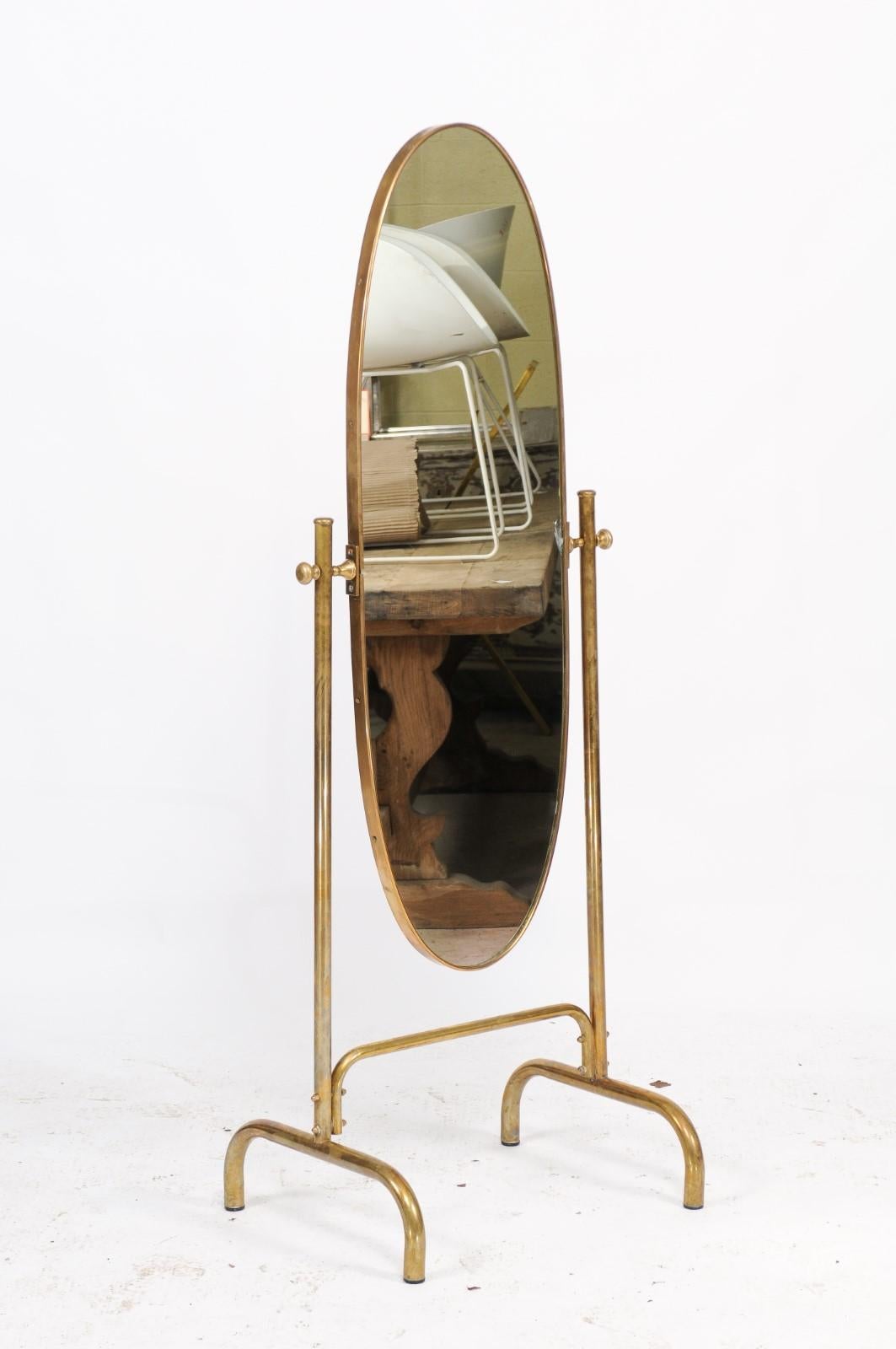Vintage Italian Midcentury Brass Standing Cheval Mirror with Oval Frame, 1960s 3